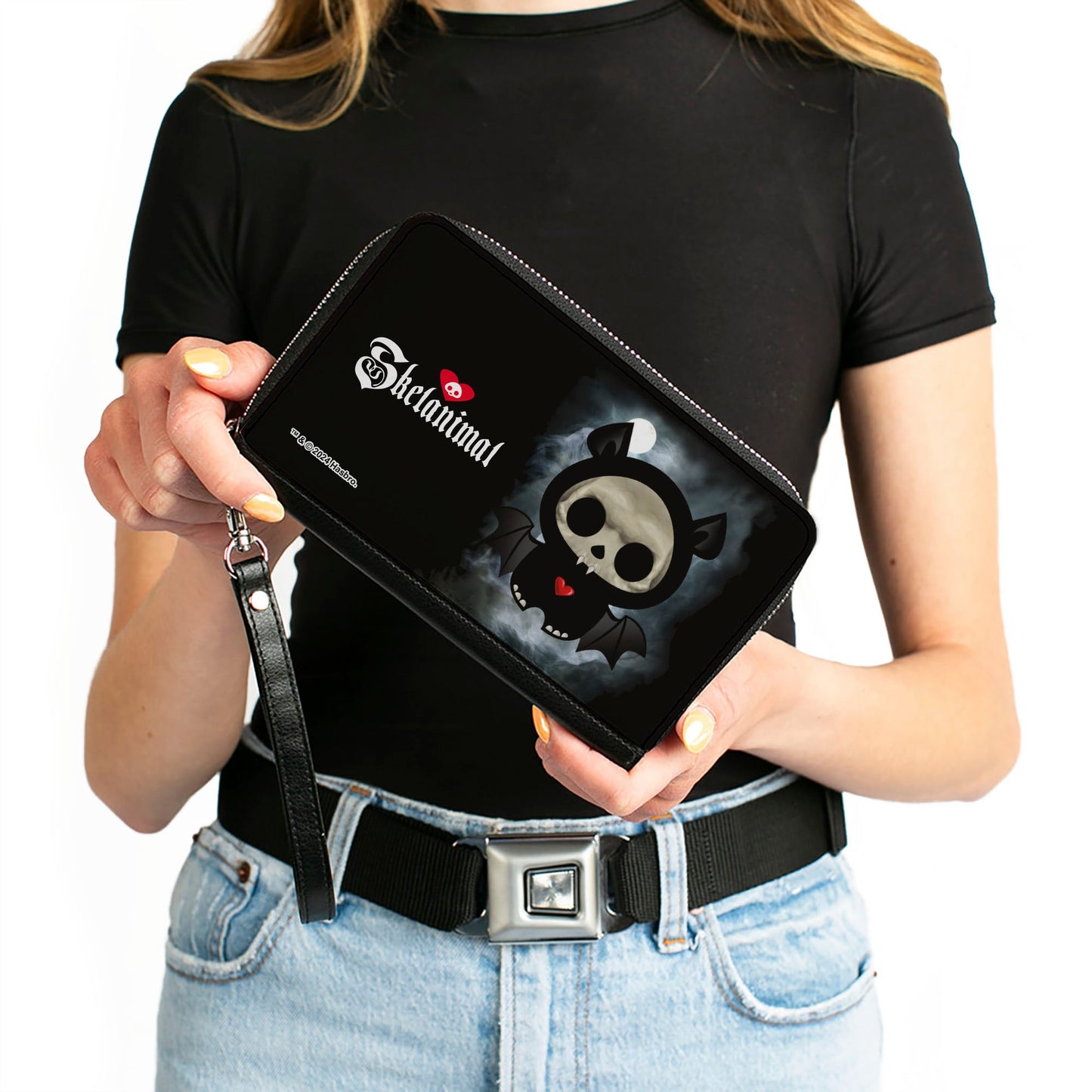 PU Zip Around Wallet Rectangle - SKELANIMALS Diego the Bat Fog Pose and Title Logo Black/White