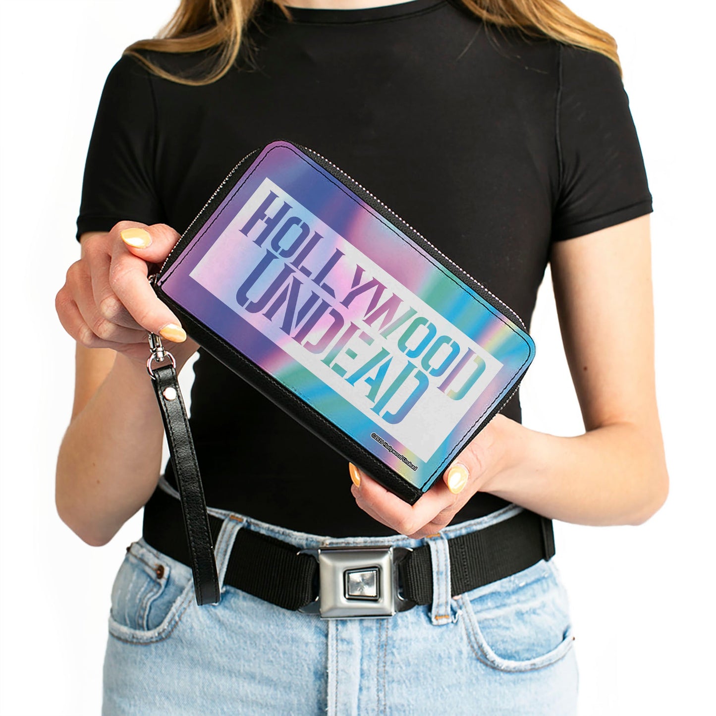 Women's PU Zip Around Wallet Rectangle - HOLLYWOOD UNDEAD Text Logo Block Aura White