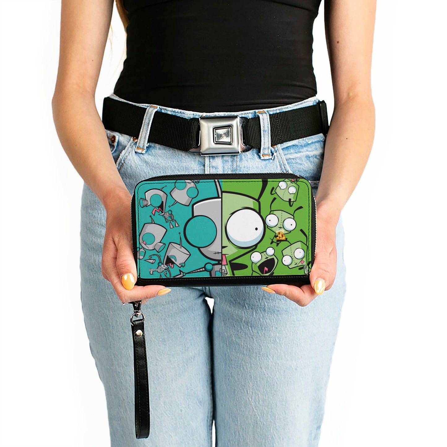 PU Zip Around Wallet Rectangle - Invader Zim GIR Split Close-Up and Poses Blue/Green
