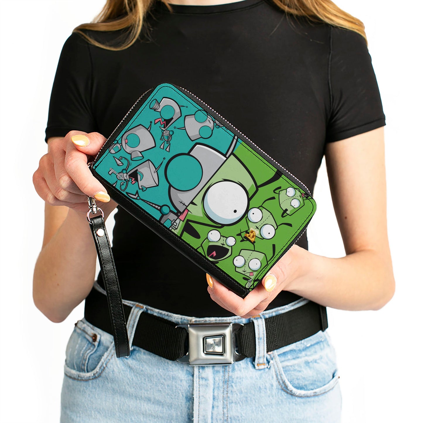 PU Zip Around Wallet Rectangle - Invader Zim GIR Split Close-Up and Poses Blue/Green