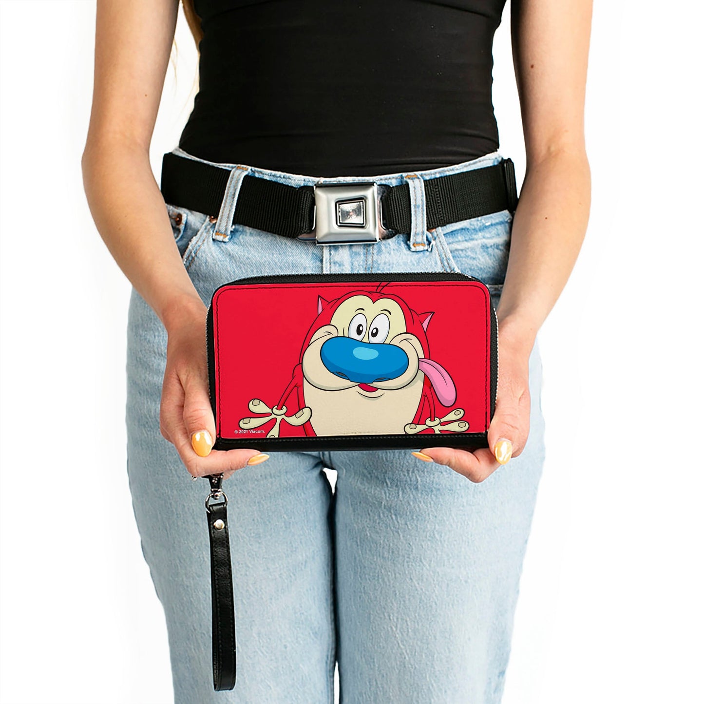 PU Zip Around Wallet Rectangle - The Ren & Stimpy Show Stimpy Smiling Pose CLOSE-UP Red