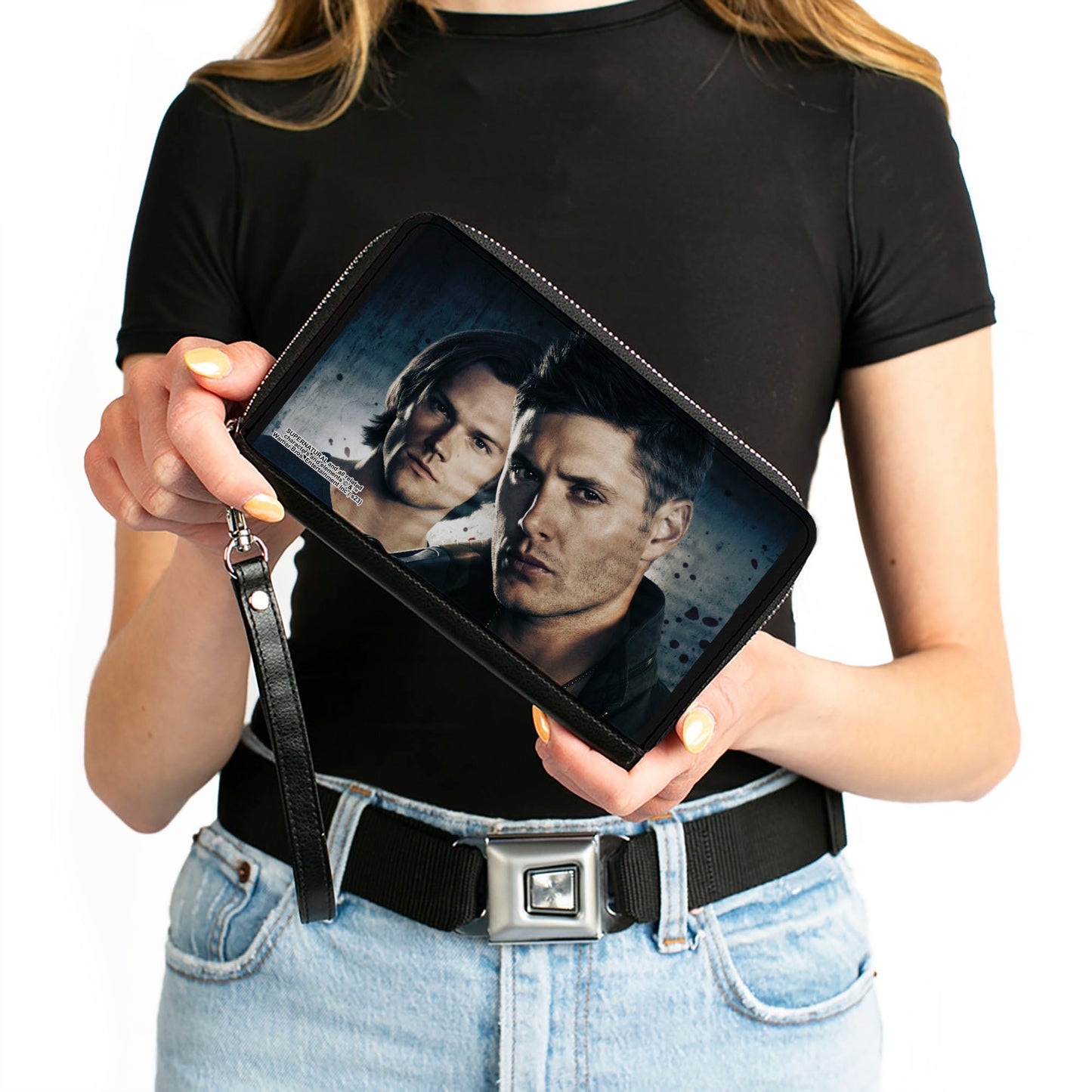 PU Zip Around Wallet Rectangle - Supernatural Winchester Brothers CLOSE-UP Pose Grays