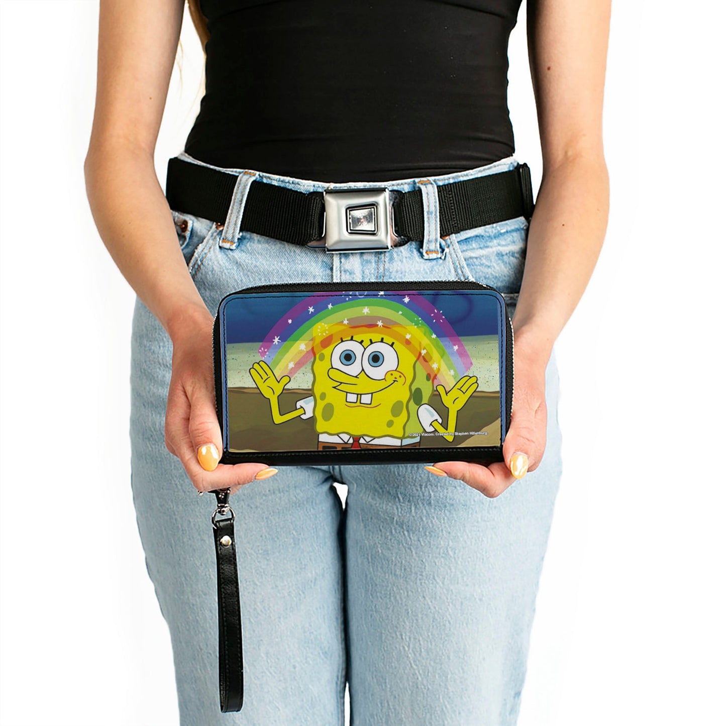 PU Zip Around Wallet Rectangle - SpongeBob SquarePants Imagination Smiling Rainbow Pose