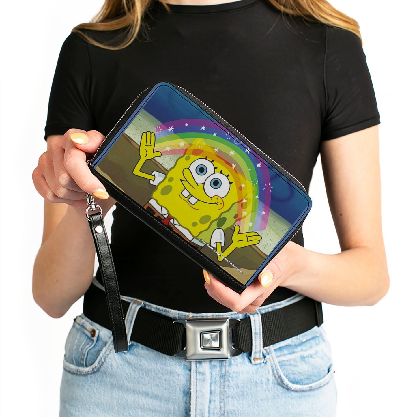 PU Zip Around Wallet Rectangle - SpongeBob SquarePants Imagination Smiling Rainbow Pose