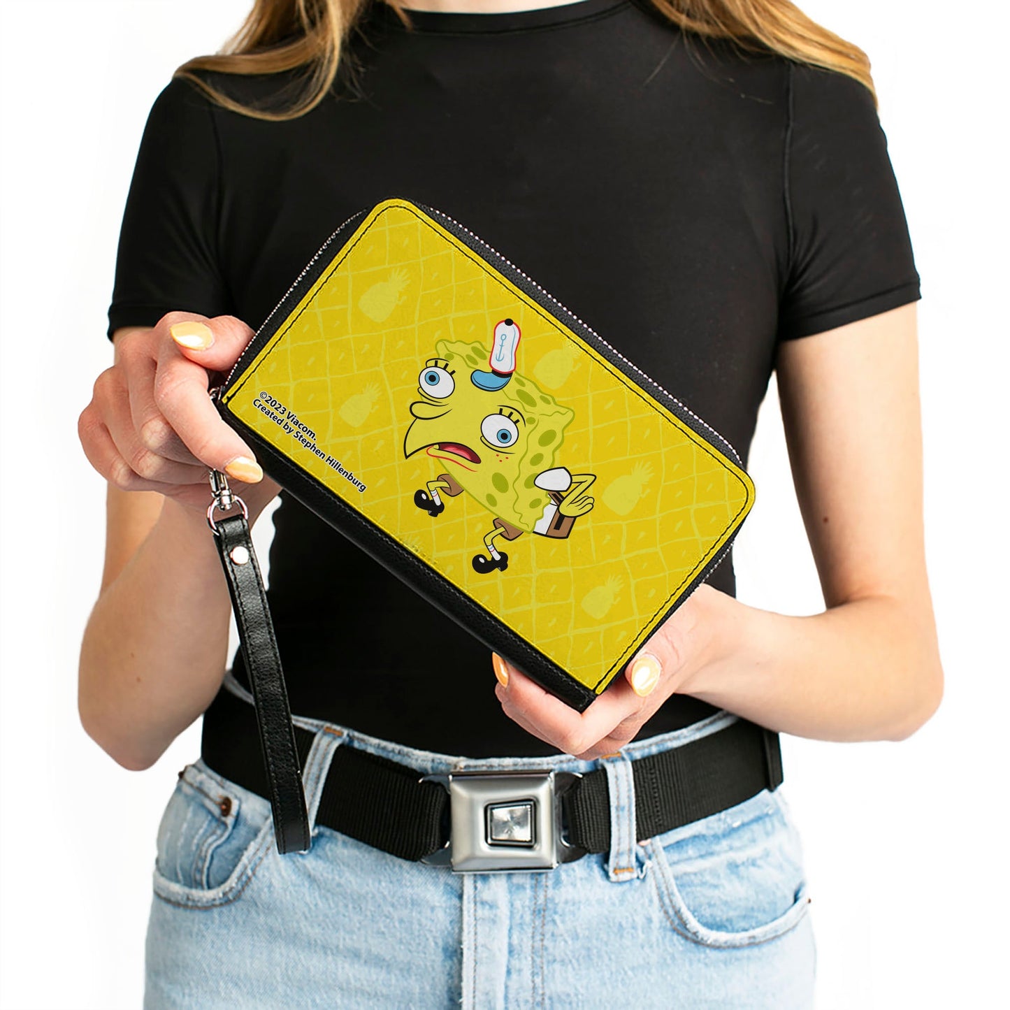 PU Zip Around Wallet Rectangle - Mocking SpongeBob Pose Pineapple Yellows