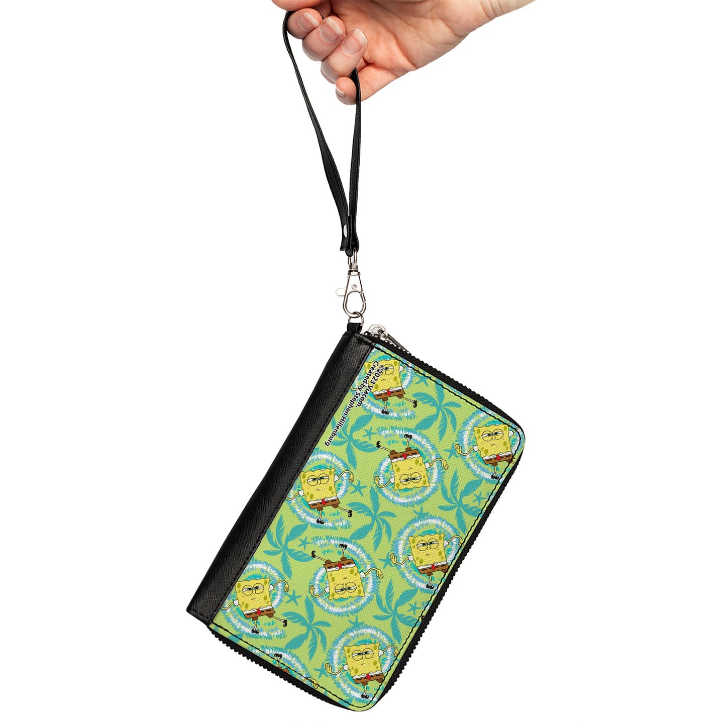 PU Zip Around Wallet Rectangle - SpongeBob Wavy Noodle Arm Pose Tropical Tie Dye Green/Blue/White