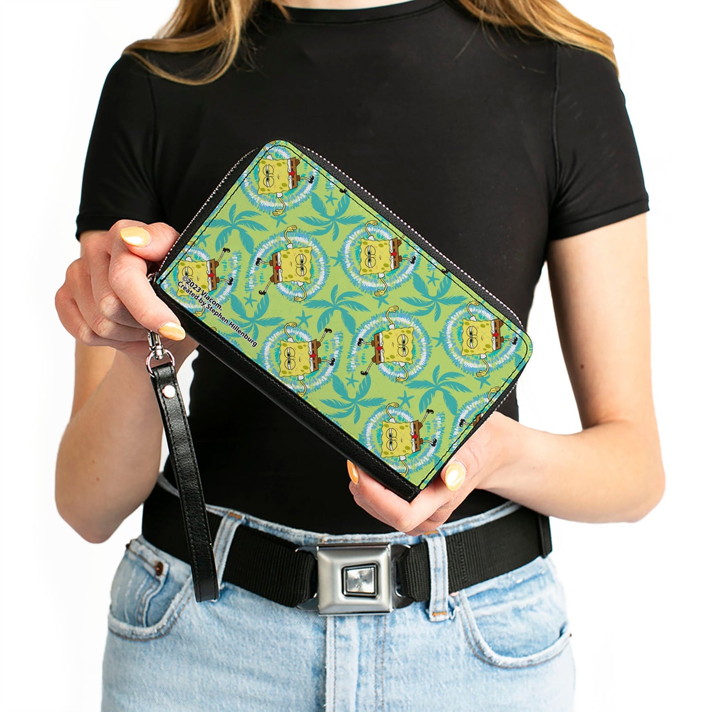 PU Zip Around Wallet Rectangle - SpongeBob Wavy Noodle Arm Pose Tropical Tie Dye Green/Blue/White