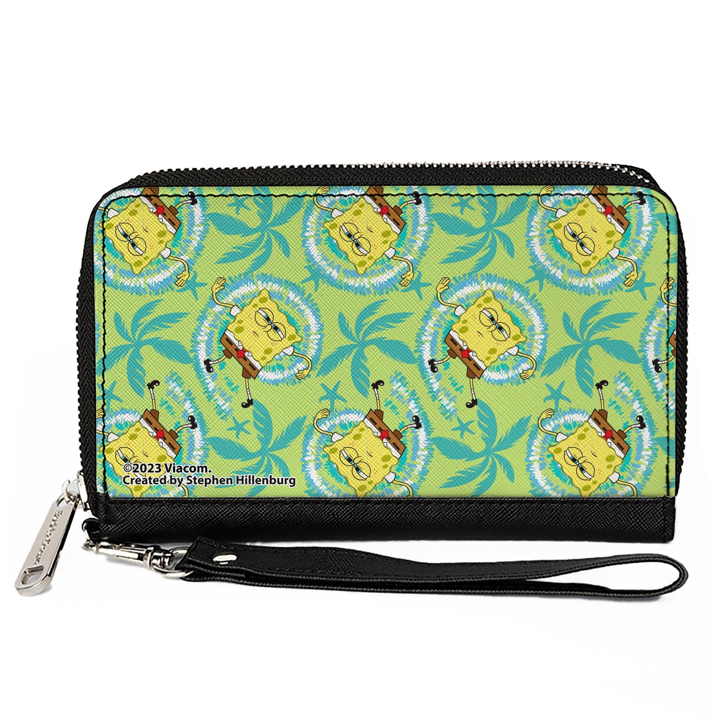 PU Zip Around Wallet Rectangle - SpongeBob Wavy Noodle Arm Pose Tropical Tie Dye Green/Blue/White