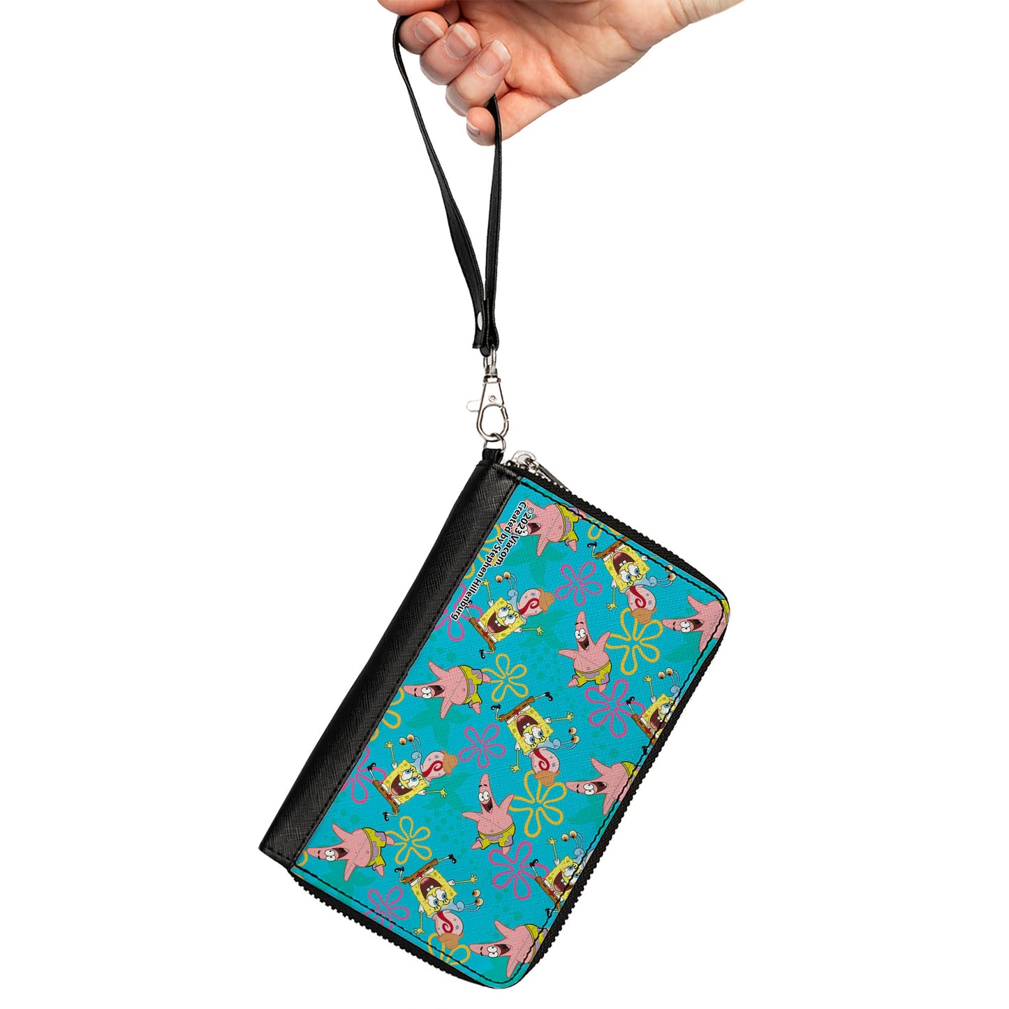 PU Zip Around Wallet Rectangle - SpongeBob Patrick and Gary Joy Poses and Flowers Scattered Blue