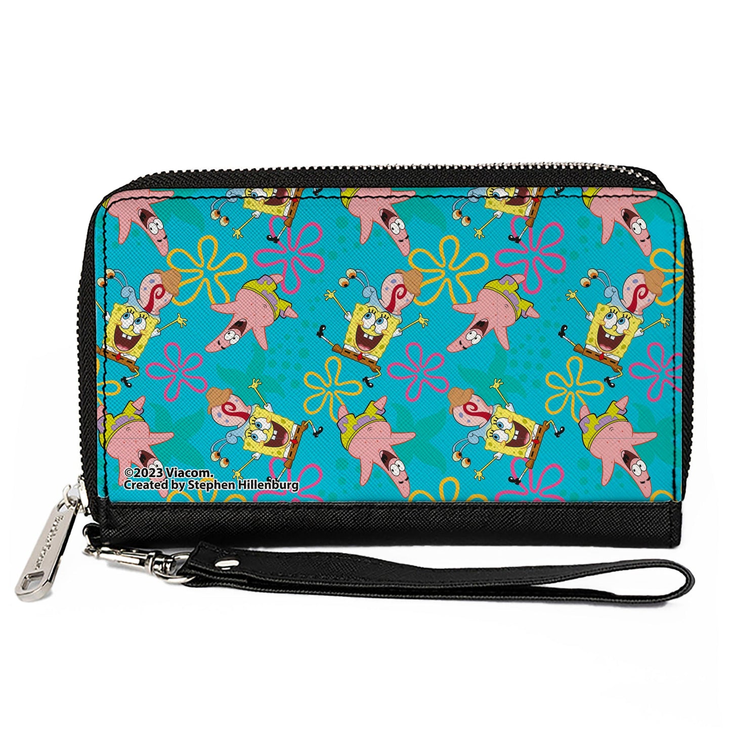 PU Zip Around Wallet Rectangle - SpongeBob Patrick and Gary Joy Poses and Flowers Scattered Blue