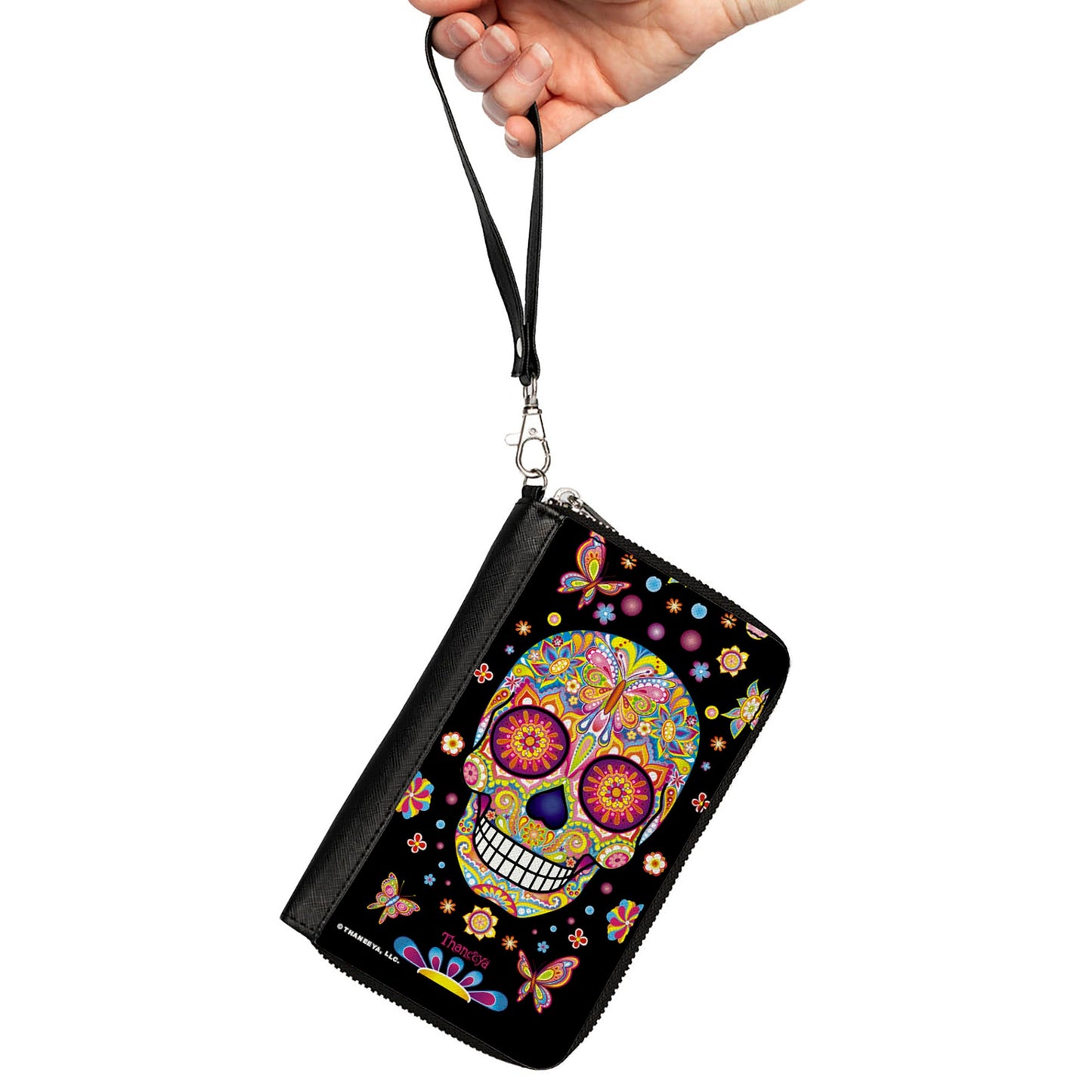 PU Zip Around Wallet Rectangle - Mariposa Calaveras/Butterflies/Flowers Black/Multi Color