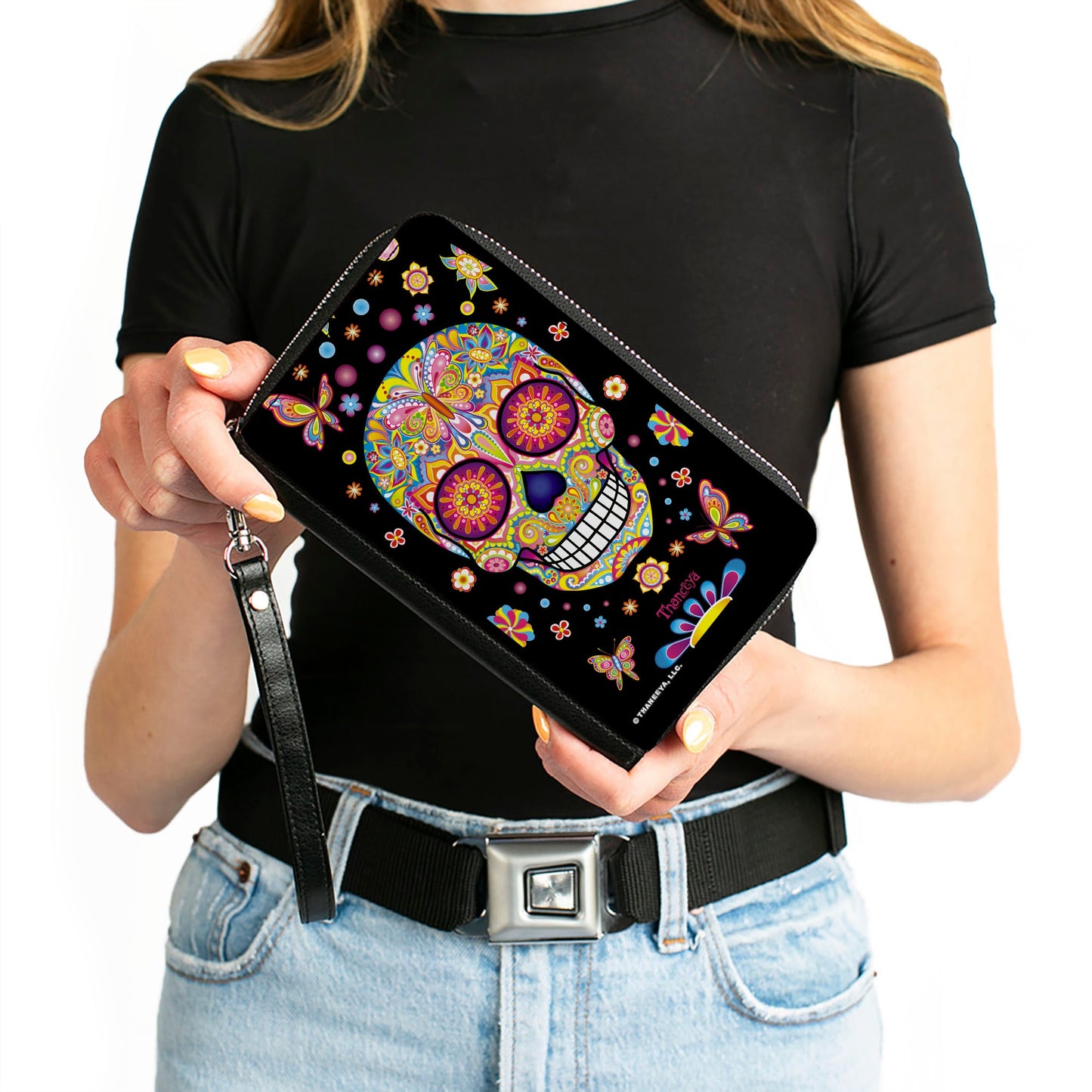 PU Zip Around Wallet Rectangle - Mariposa Calaveras/Butterflies/Flowers Black/Multi Color