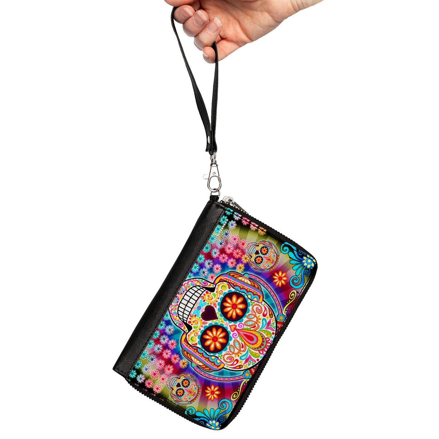 PU Zip Around Wallet Rectangle - Tranquility Beats Calaveras & Flowers/Rays Black/Multi Color
