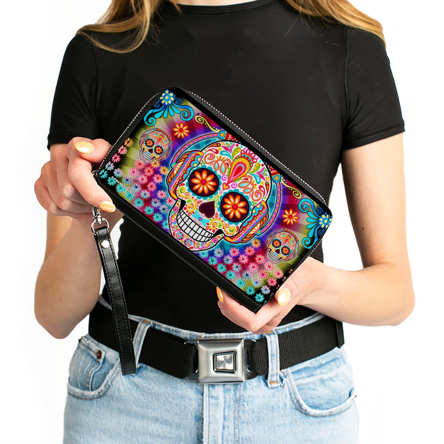 PU Zip Around Wallet Rectangle - Tranquility Beats Calaveras & Flowers/Rays Black/Multi Color