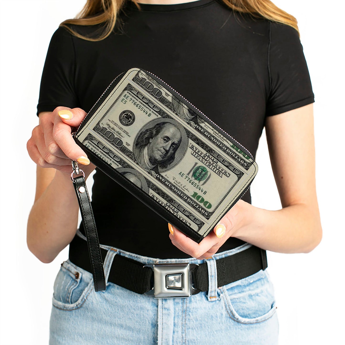 PU Zip Around Wallet Rectangle - 100 Dollar Bills