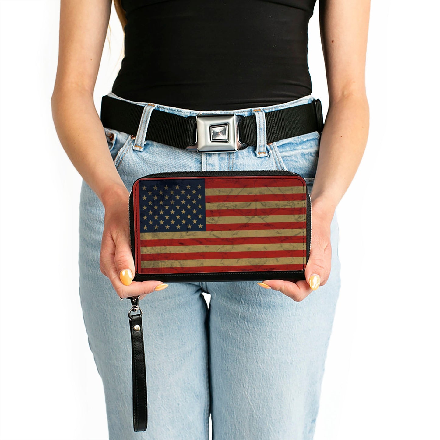 PU Zip Around Wallet Rectangle - American Flag Weathered Single