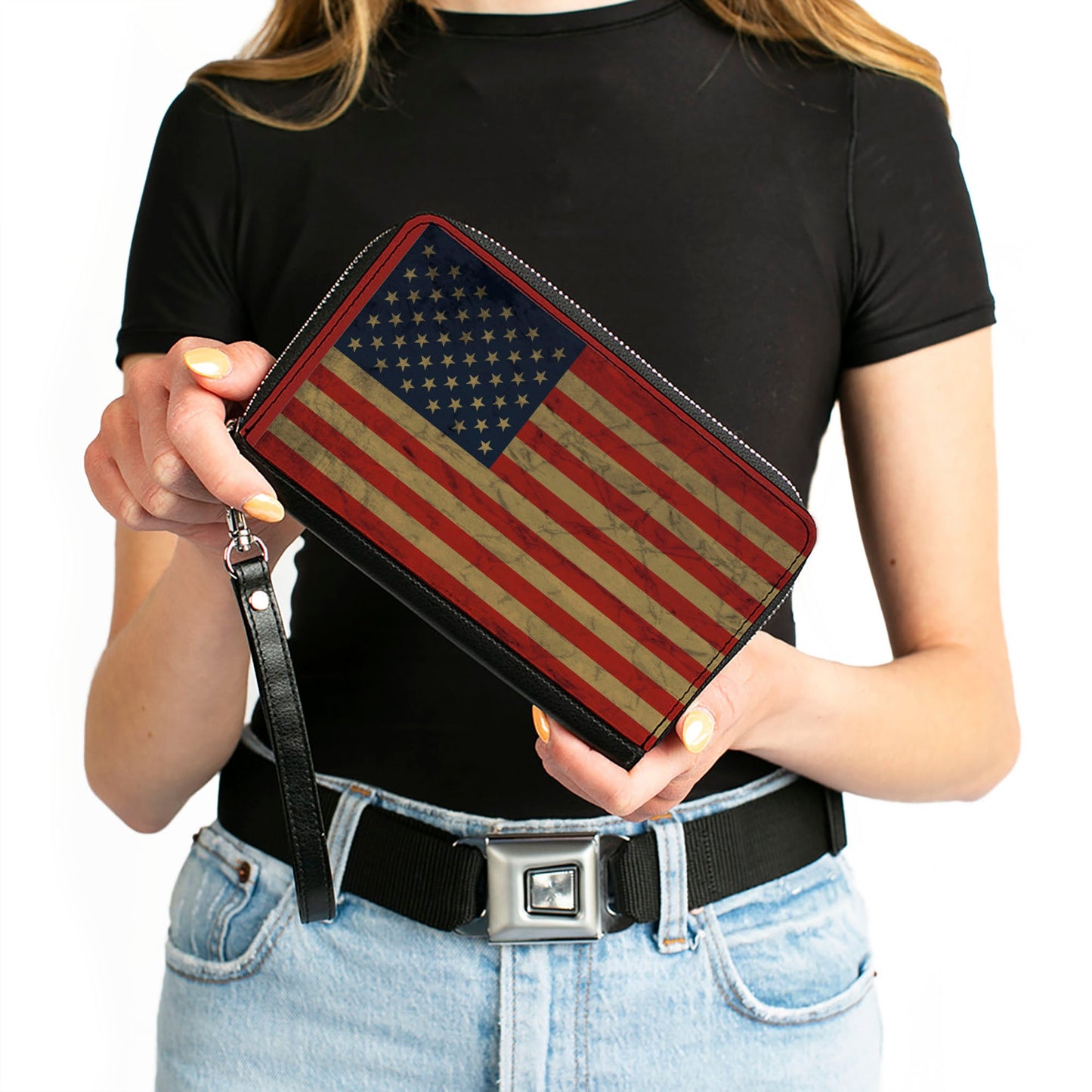PU Zip Around Wallet Rectangle - American Flag Weathered Single