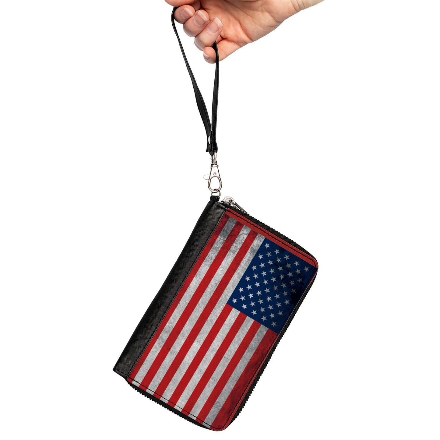PU Zip Around Wallet Rectangle - American Flag Distressed Single
