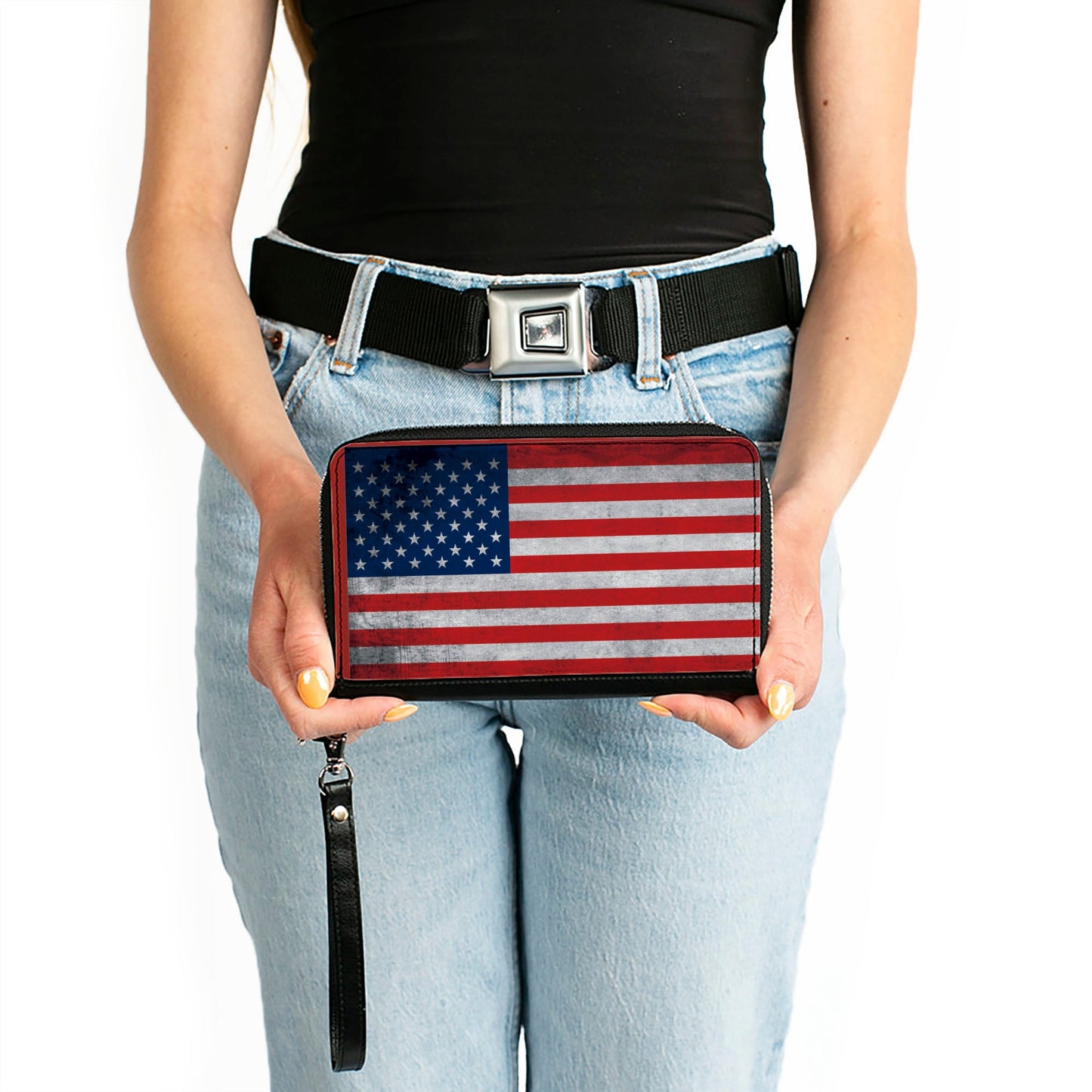 PU Zip Around Wallet Rectangle - American Flag Distressed Single