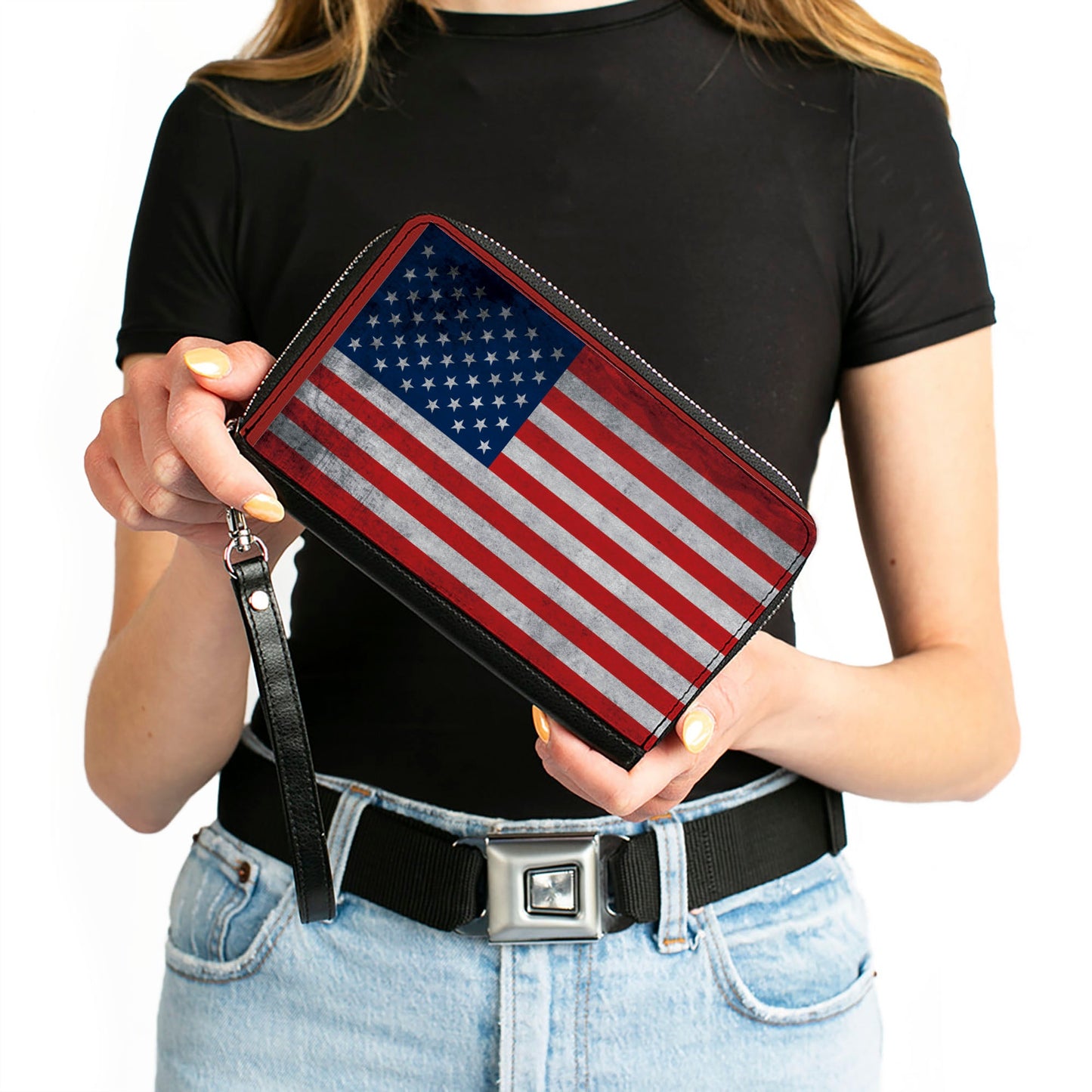 PU Zip Around Wallet Rectangle - American Flag Distressed Single