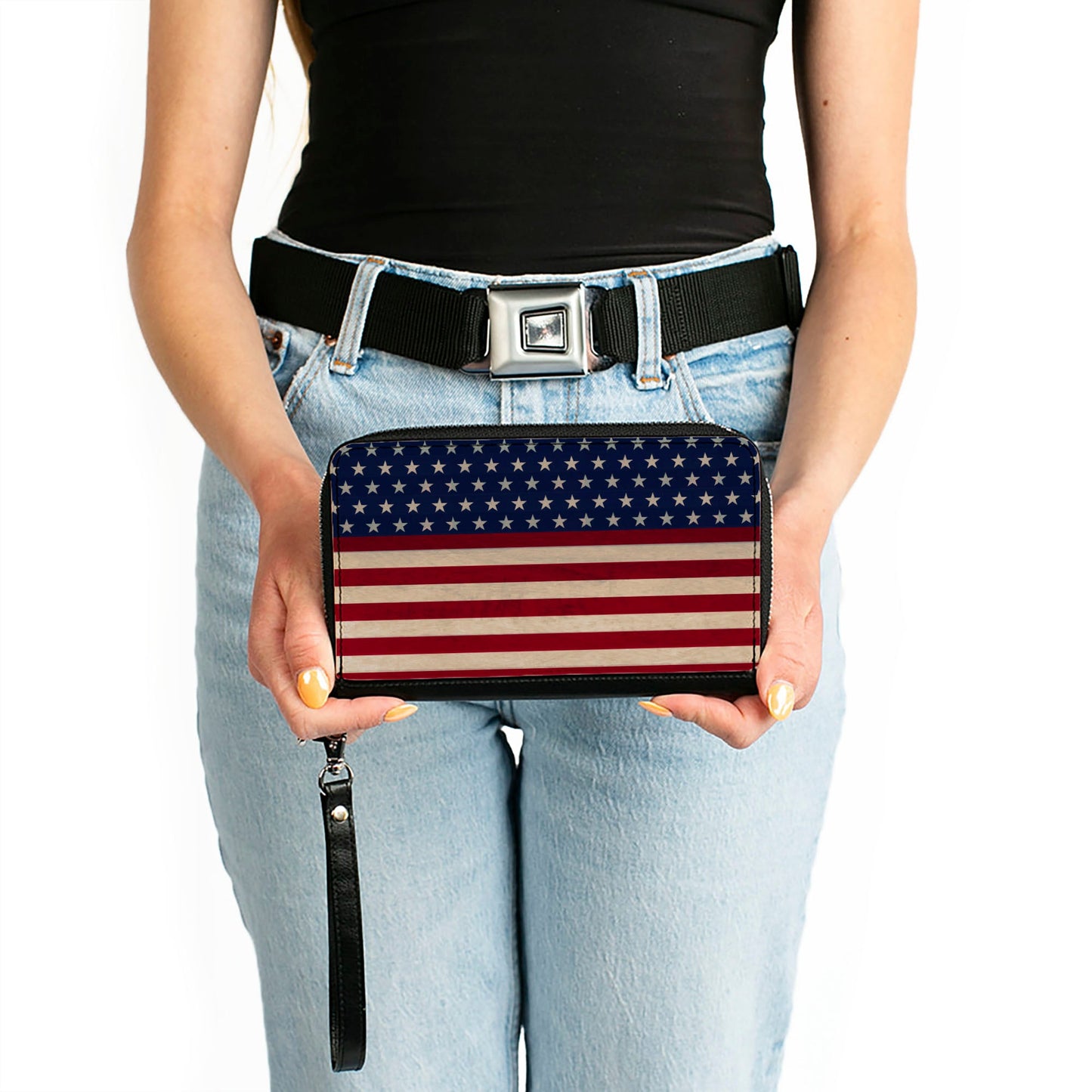 PU Zip Around Wallet Rectangle - American Flag Stripe