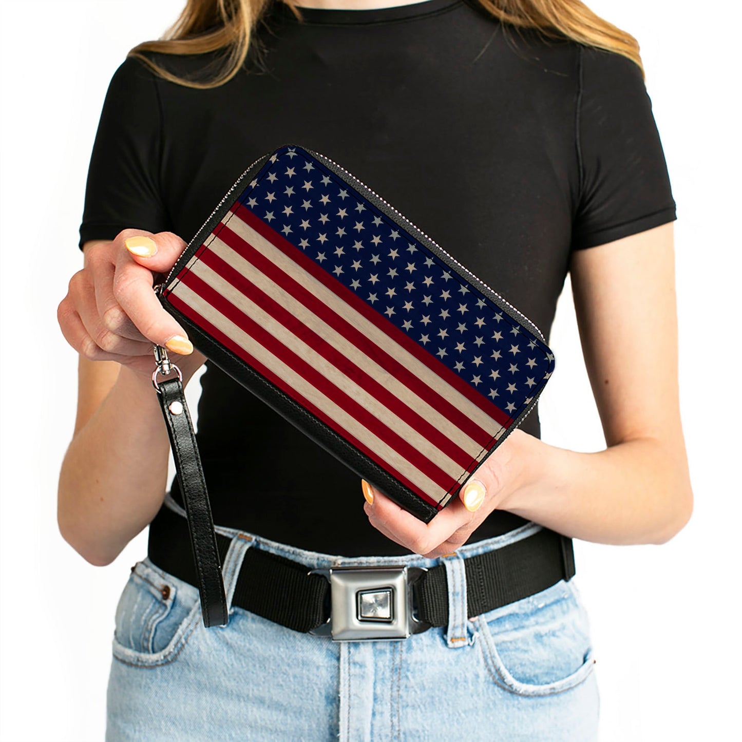 PU Zip Around Wallet Rectangle - American Flag Stripe