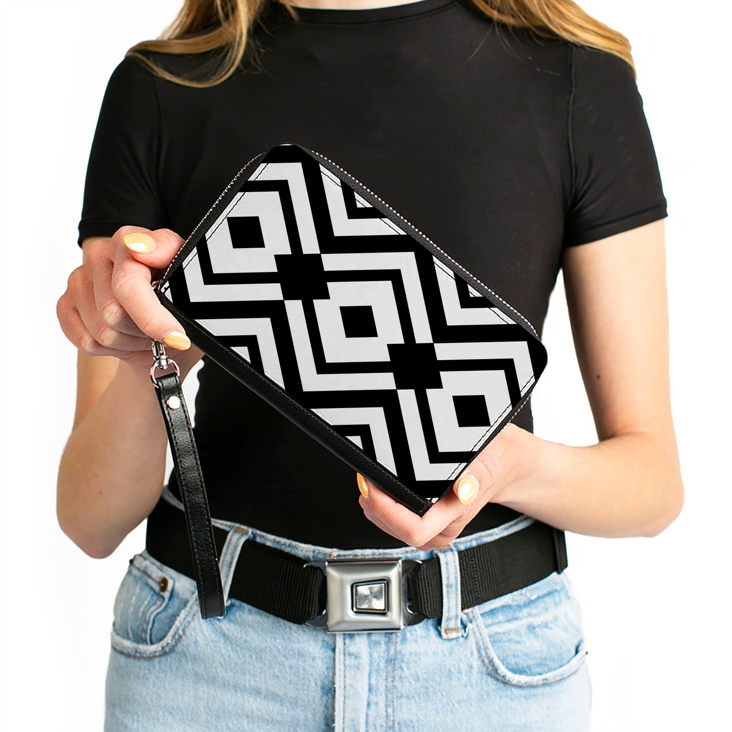 PU Zip Around Wallet Rectangle - Aztec2 White/Black