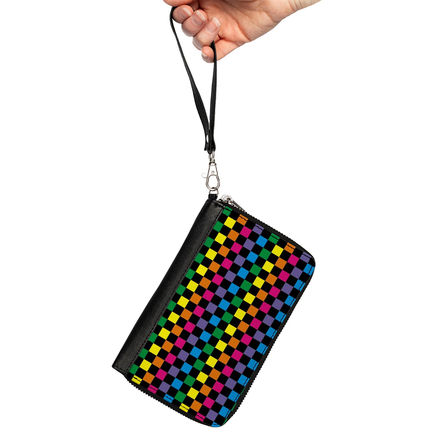 PU Zip Around Wallet Rectangle - Checker Black/Neon Rainbow