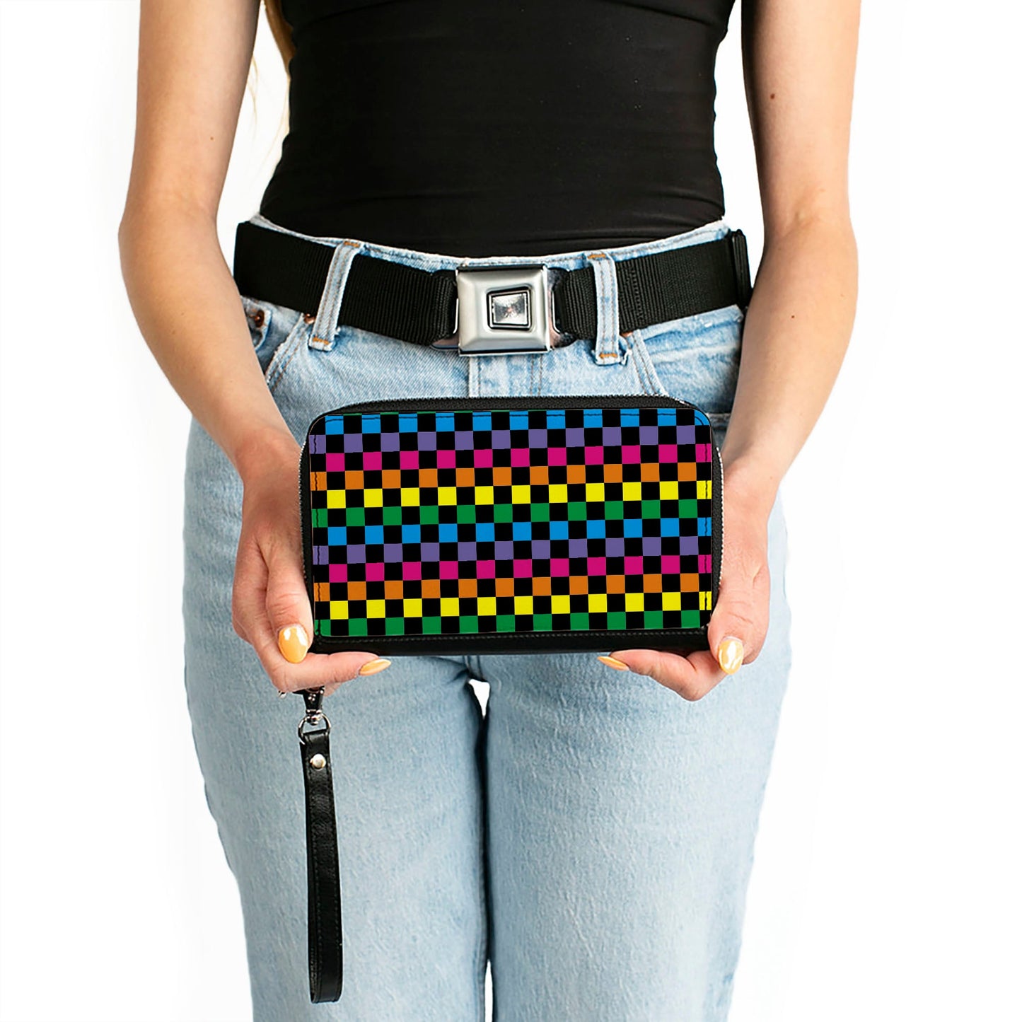 PU Zip Around Wallet Rectangle - Checker Black/Neon Rainbow