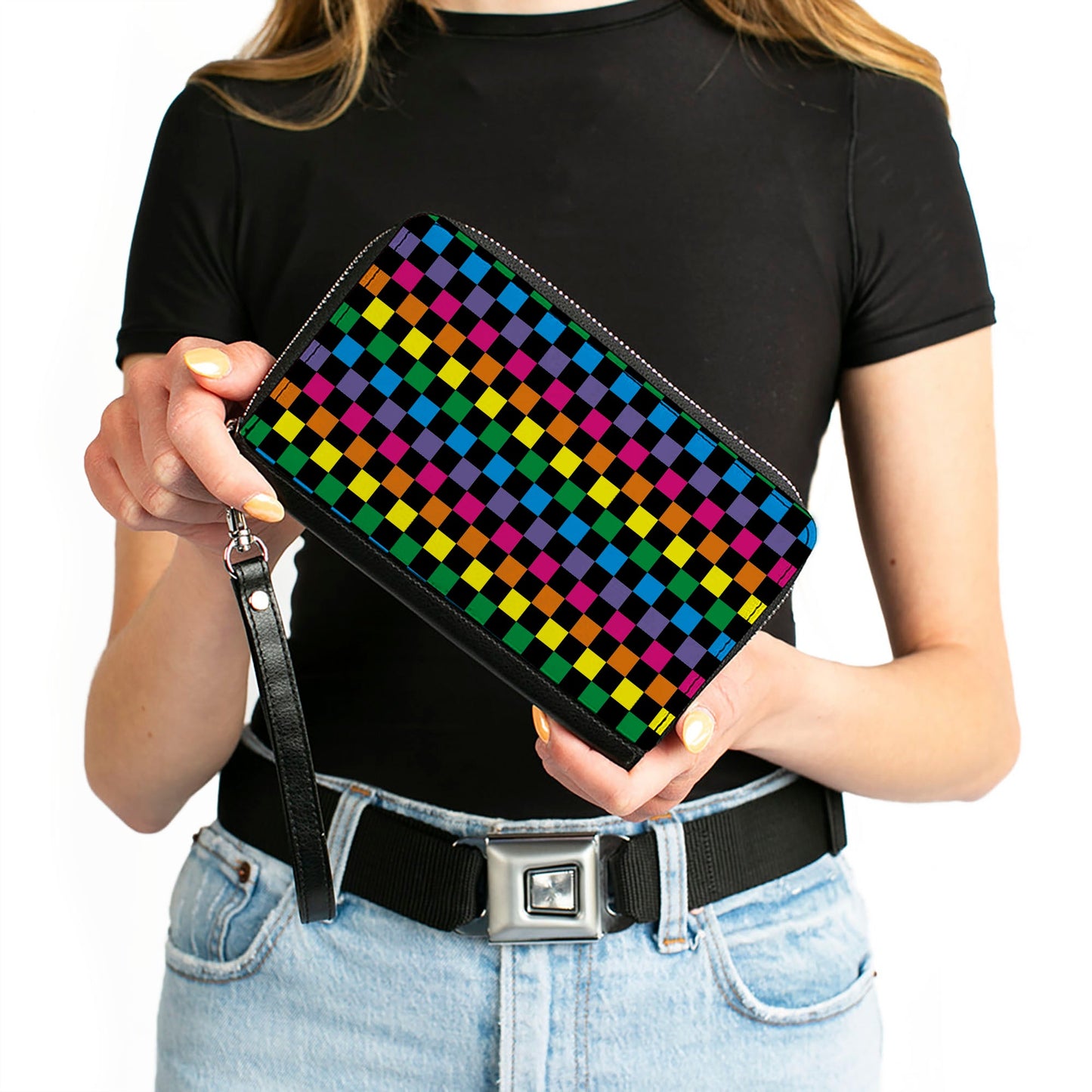 PU Zip Around Wallet Rectangle - Checker Black/Neon Rainbow