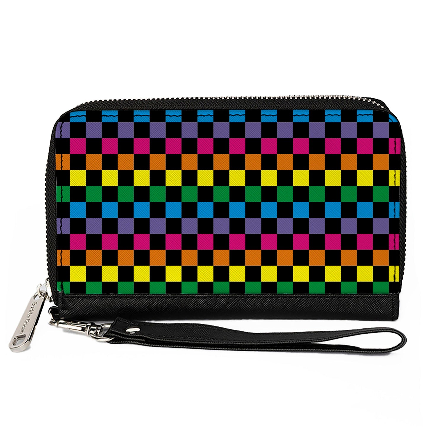 PU Zip Around Wallet Rectangle - Checker Black/Neon Rainbow