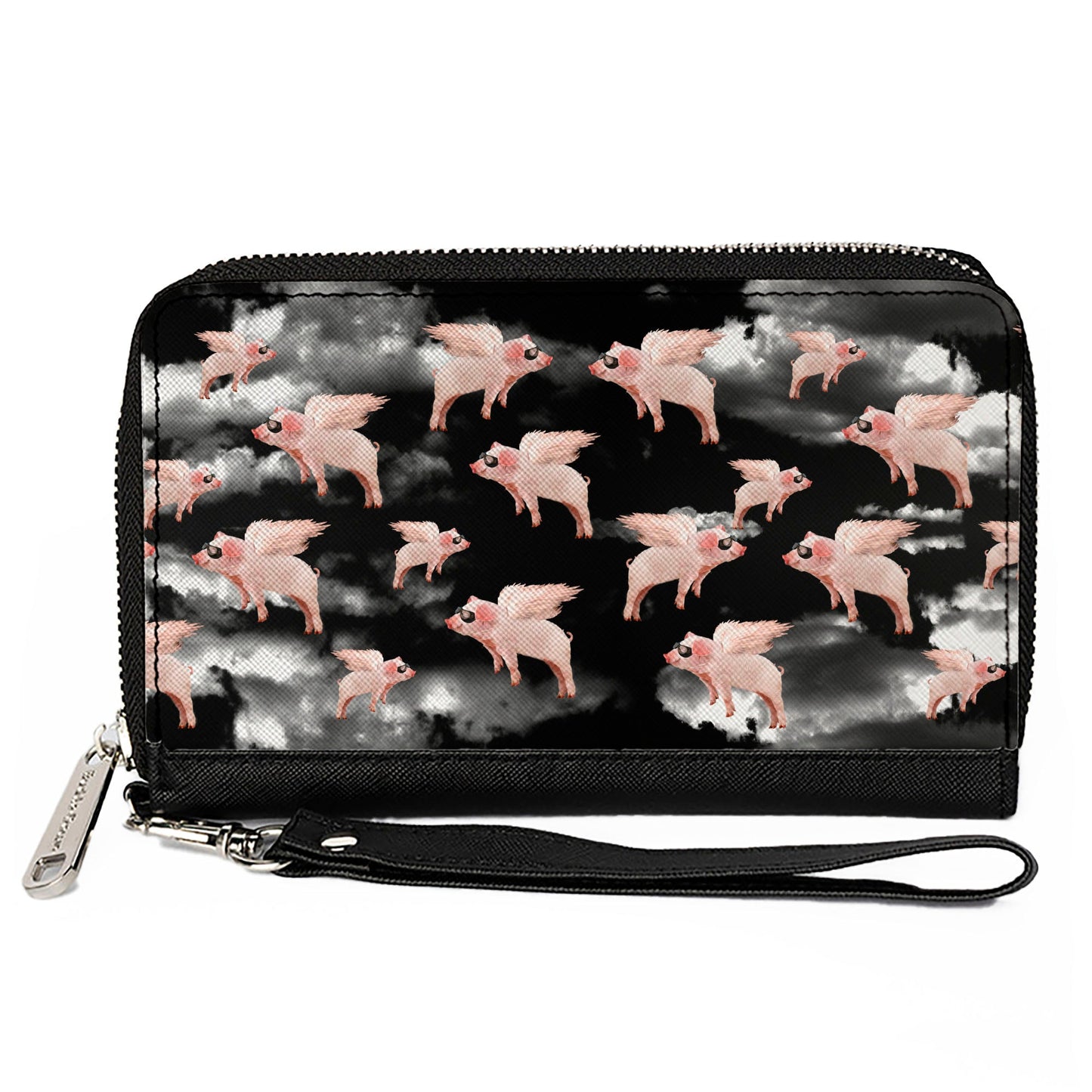 PU Zip Around Wallet Rectangle - Flying Pigs Black/White/Pink