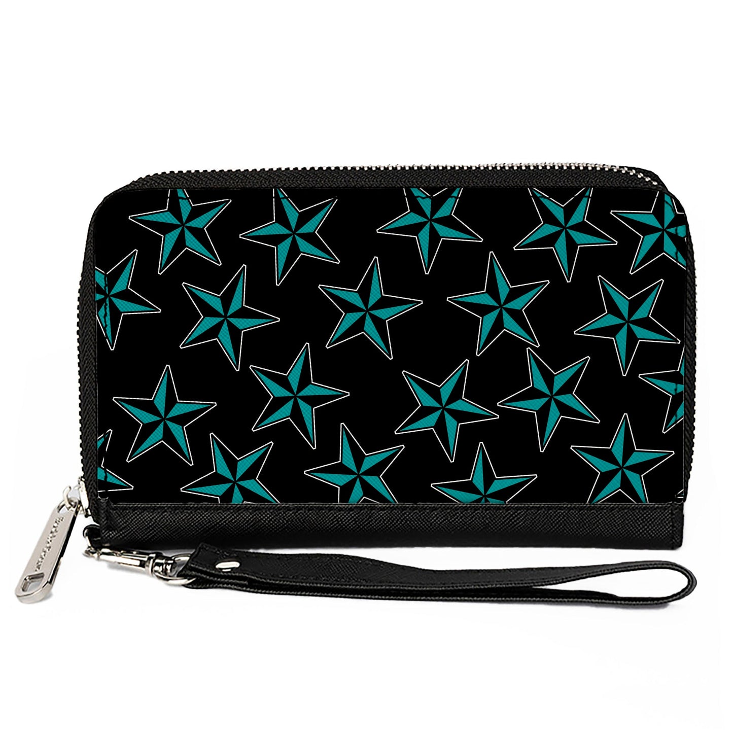 PU Zip Around Wallet Rectangle - Nautical Stars Scattered Black/Turquoise