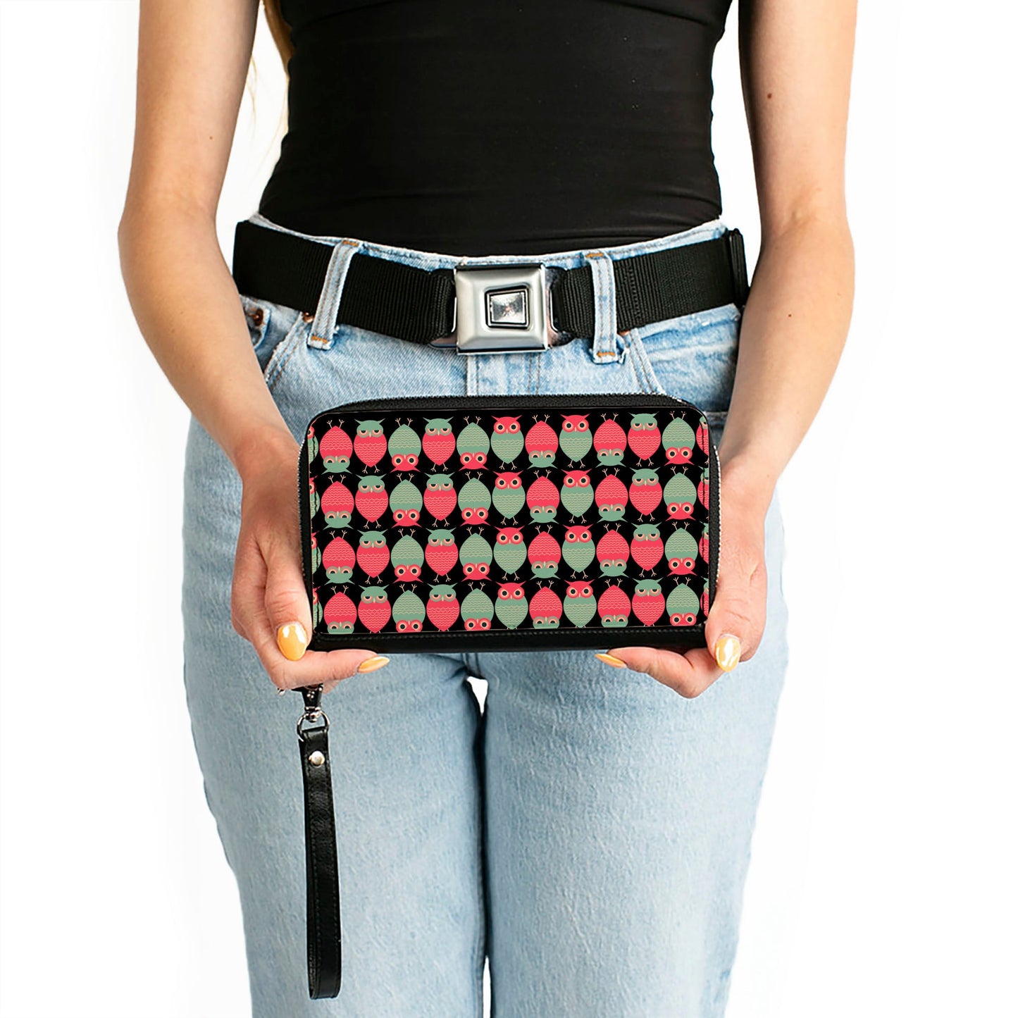 PU Zip Around Wallet Rectangle - Owls Flip Black/Mauve/Sage