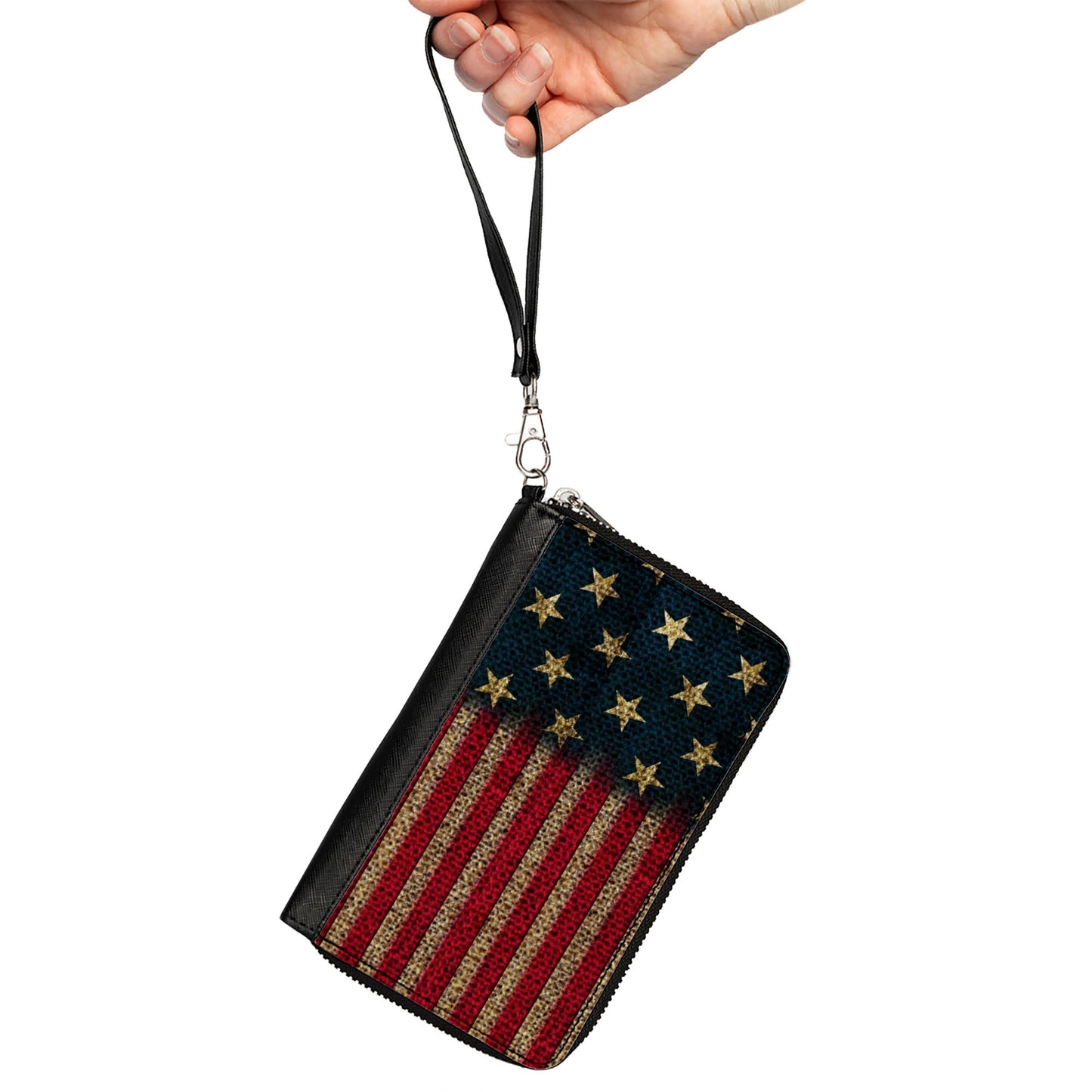 Women's PU Zip Around Wallet Rectangle - Vintage US Flag Stretch