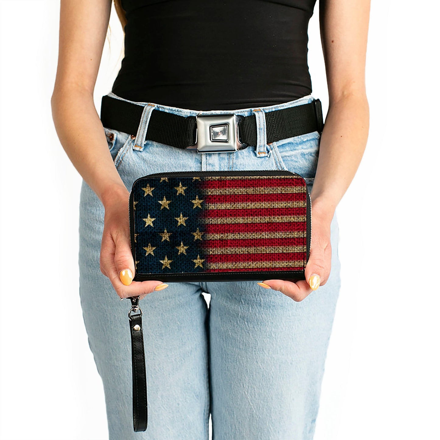Women's PU Zip Around Wallet Rectangle - Vintage US Flag Stretch