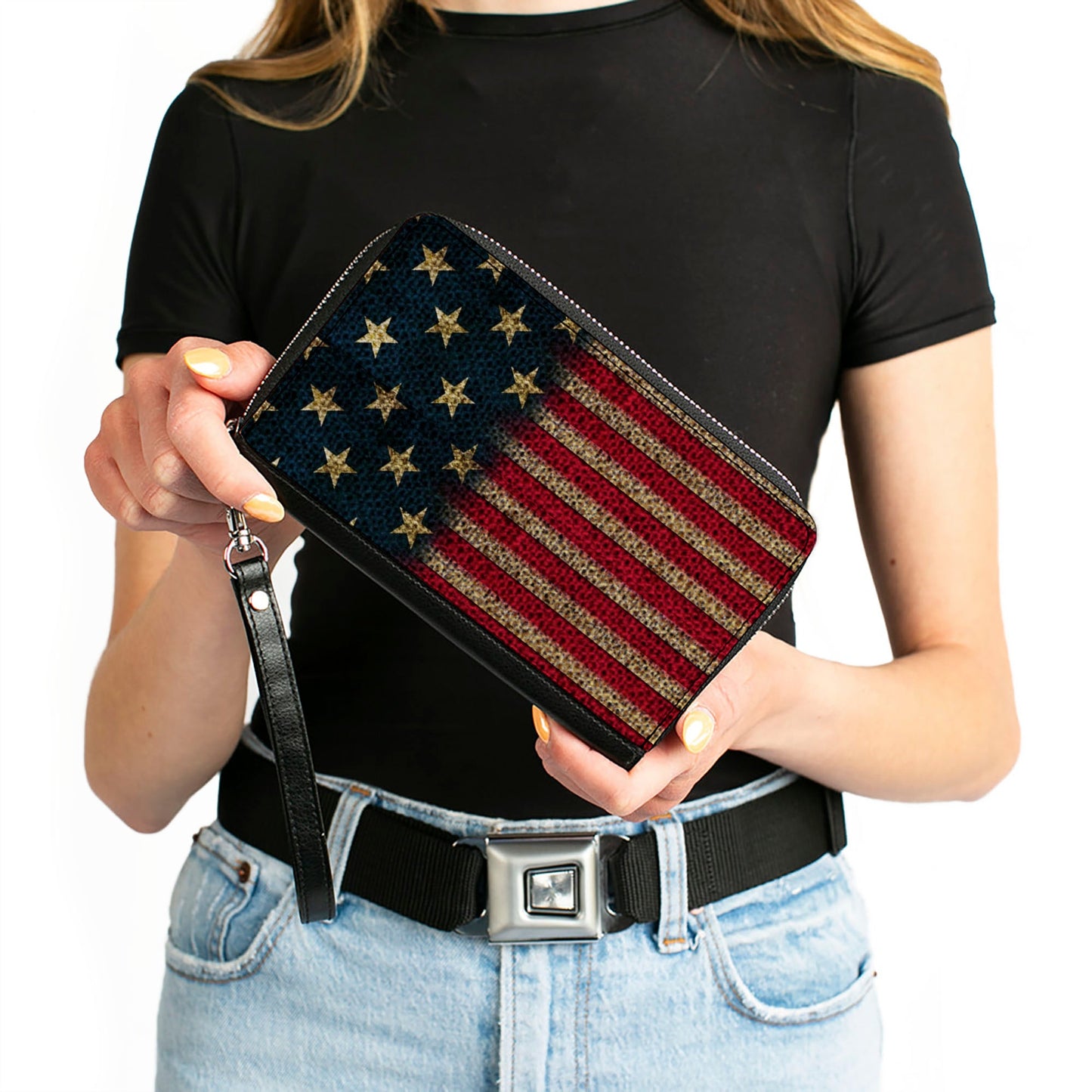 Women's PU Zip Around Wallet Rectangle - Vintage US Flag Stretch