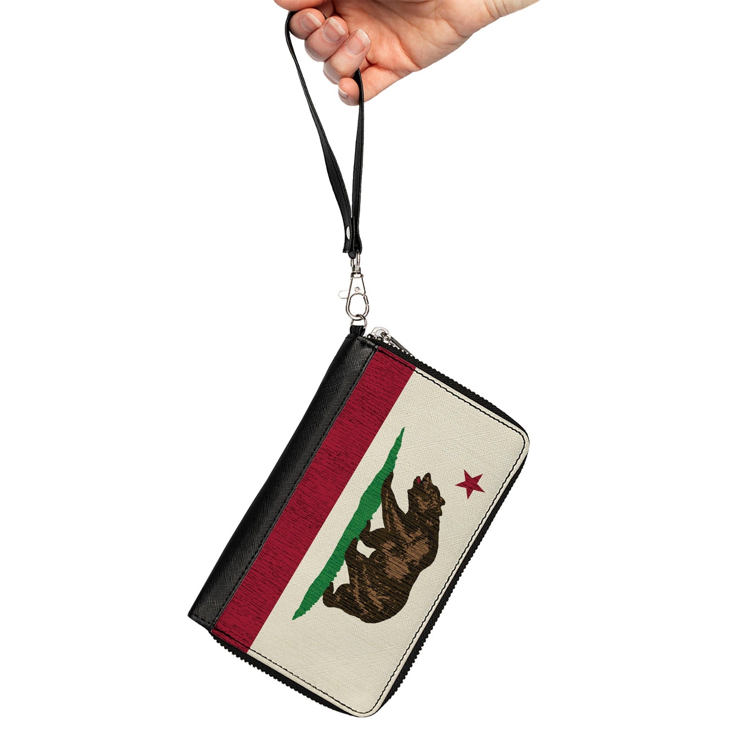 PU Zip Around Wallet Rectangle - California Flag Bear Weathered White