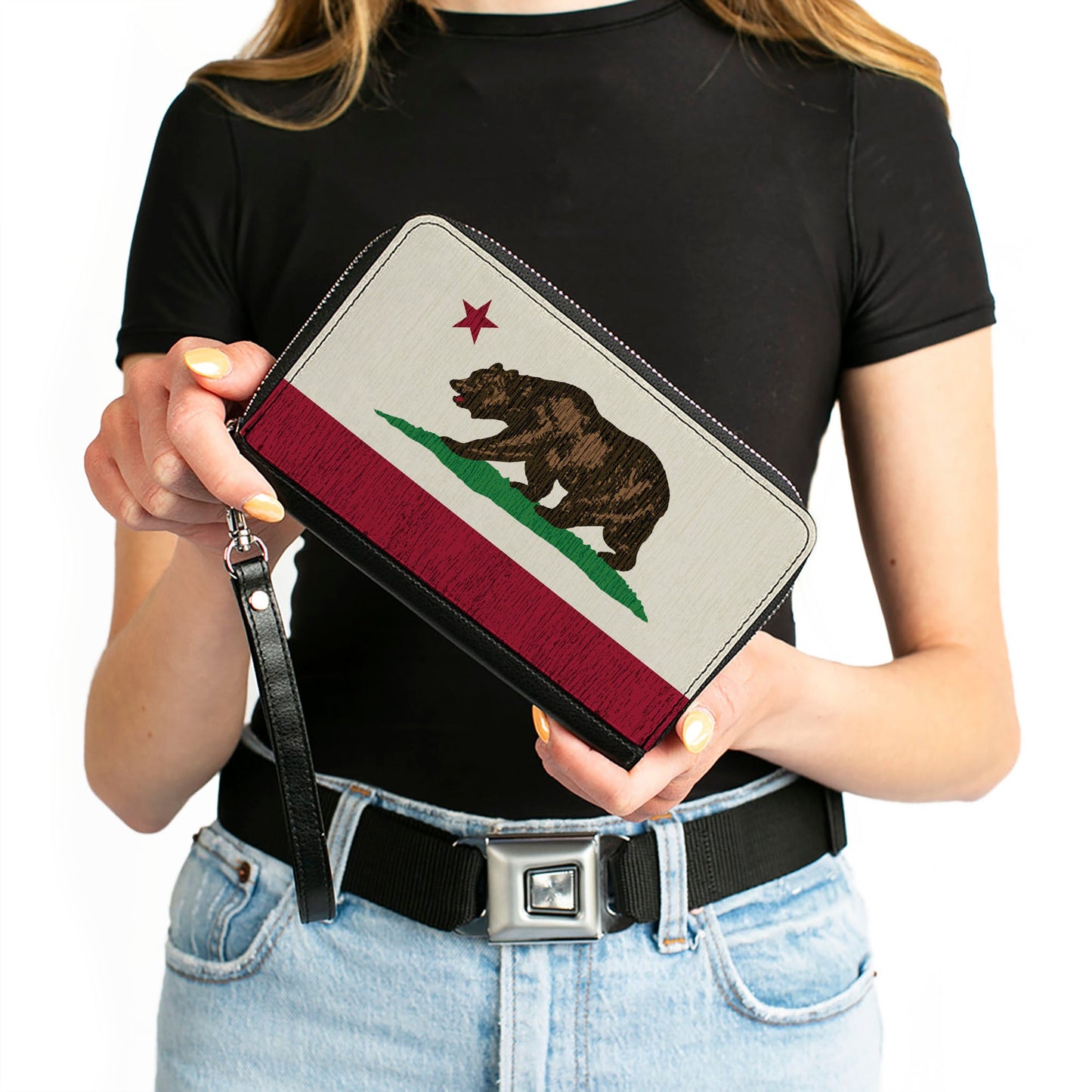 PU Zip Around Wallet Rectangle - California Flag Bear Weathered White