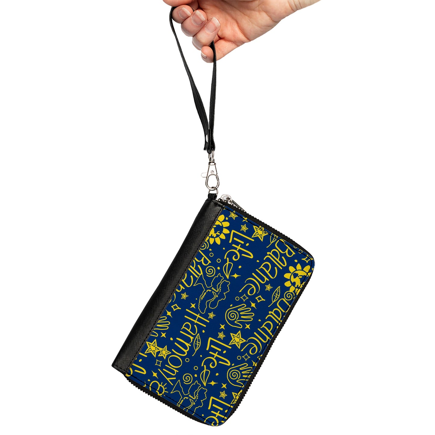 PU Zip Around Wallet Rectangle - HARMONY BALANCE LIFE Icons Collage Blue/Yellow