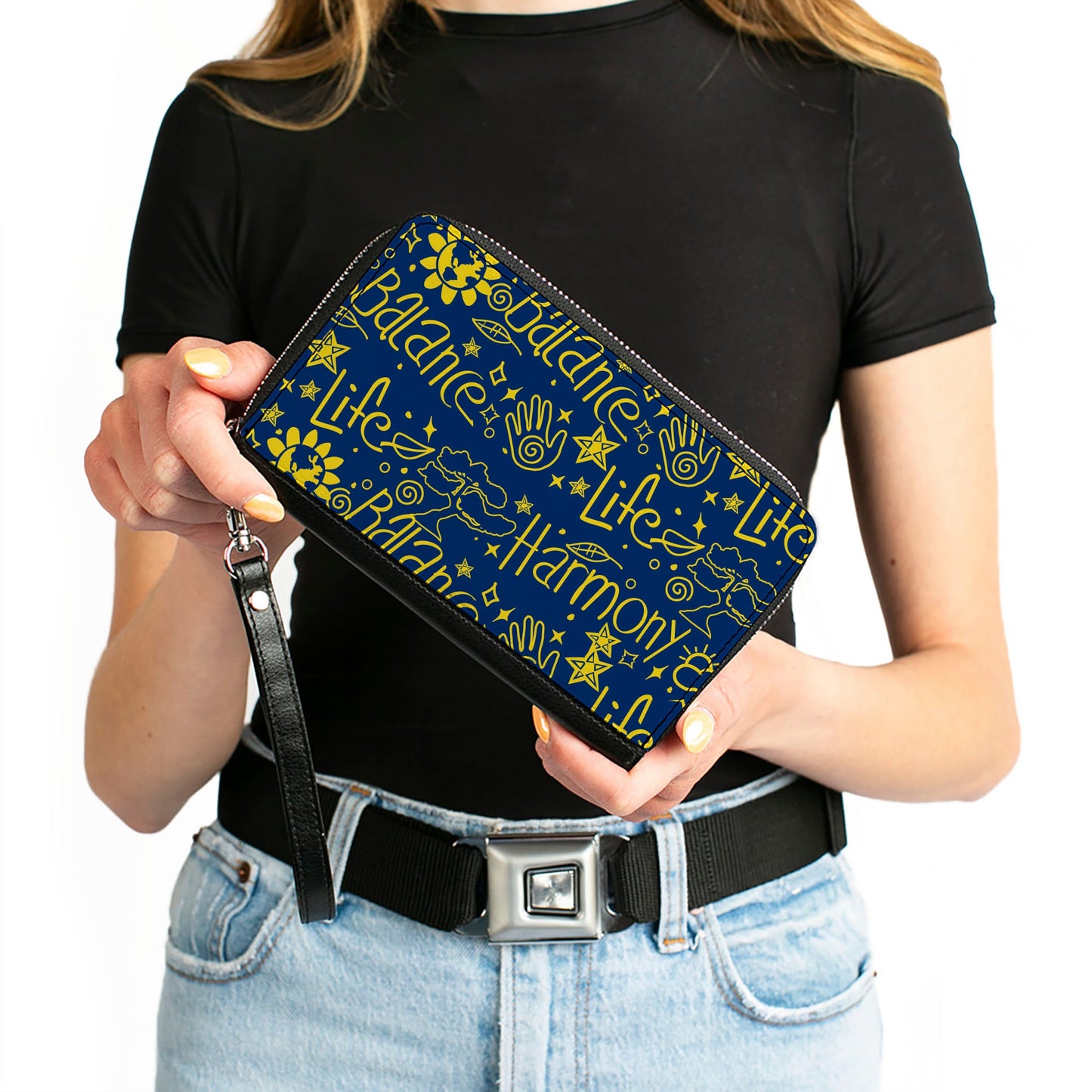 PU Zip Around Wallet Rectangle - HARMONY BALANCE LIFE Icons Collage Blue/Yellow
