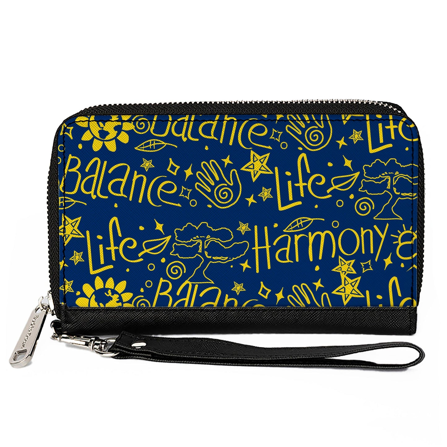PU Zip Around Wallet Rectangle - HARMONY BALANCE LIFE Icons Collage Blue/Yellow