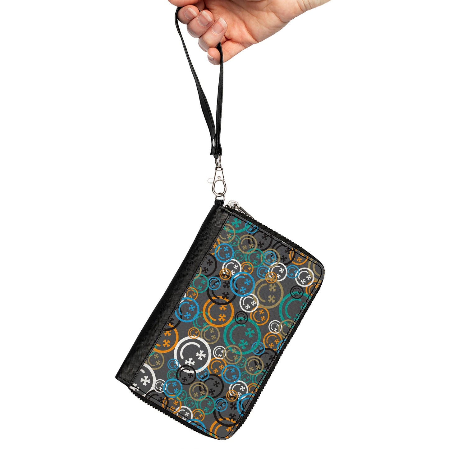 PU Zip Around Wallet Rectangle - Smiley Face Crossbones Stacked Gray/Multi Color