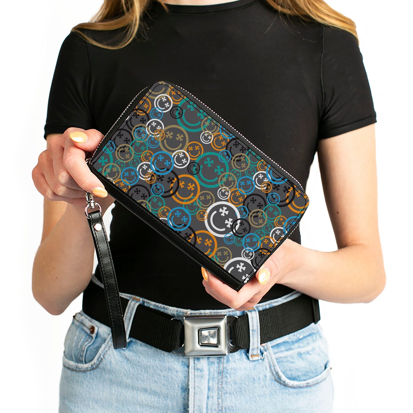 PU Zip Around Wallet Rectangle - Smiley Face Crossbones Stacked Gray/Multi Color