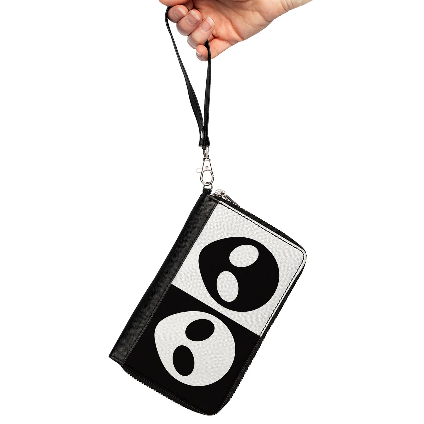 Women's PU Zip Around Wallet Rectangle - Alien Head Blocks Black White