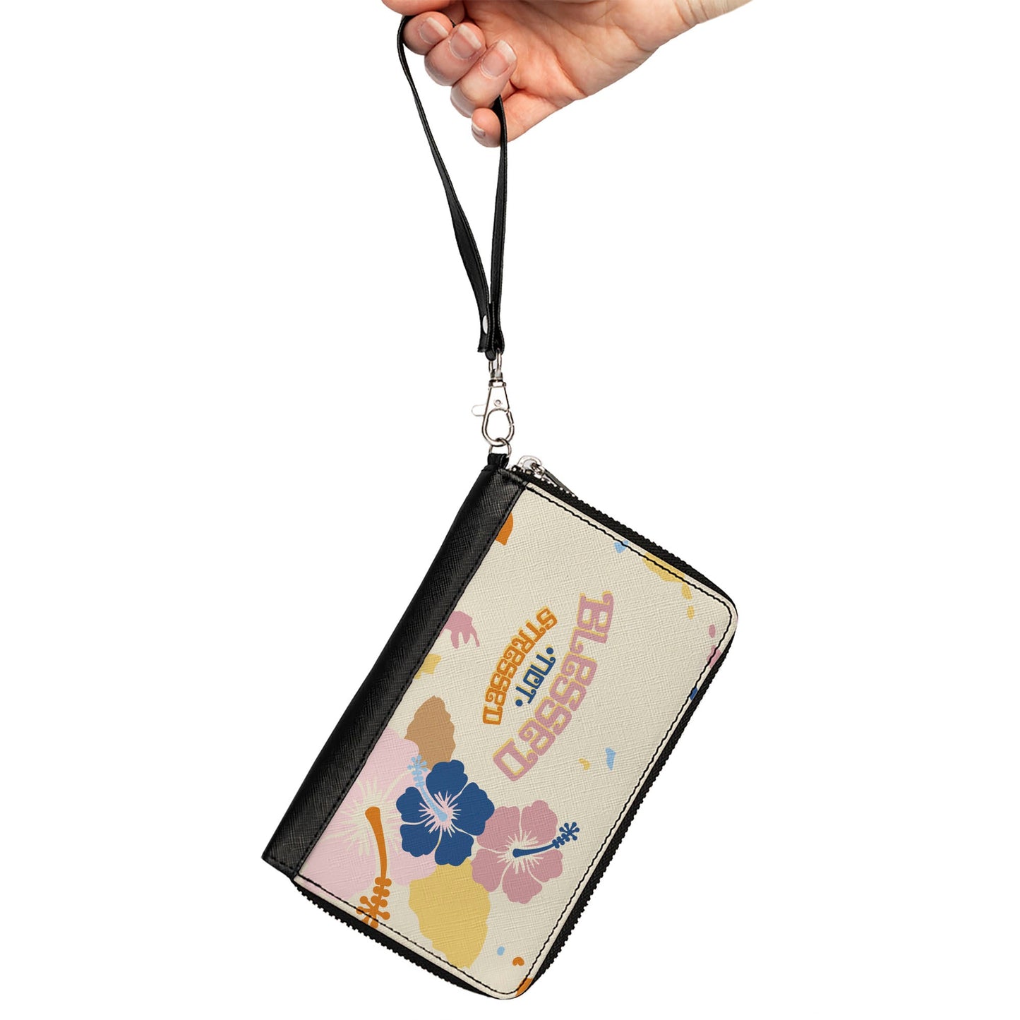 PU Zip Around Wallet Rectangle - BLESSED NOT STRESSED Quote Tropical Flowers Beige Multi Color