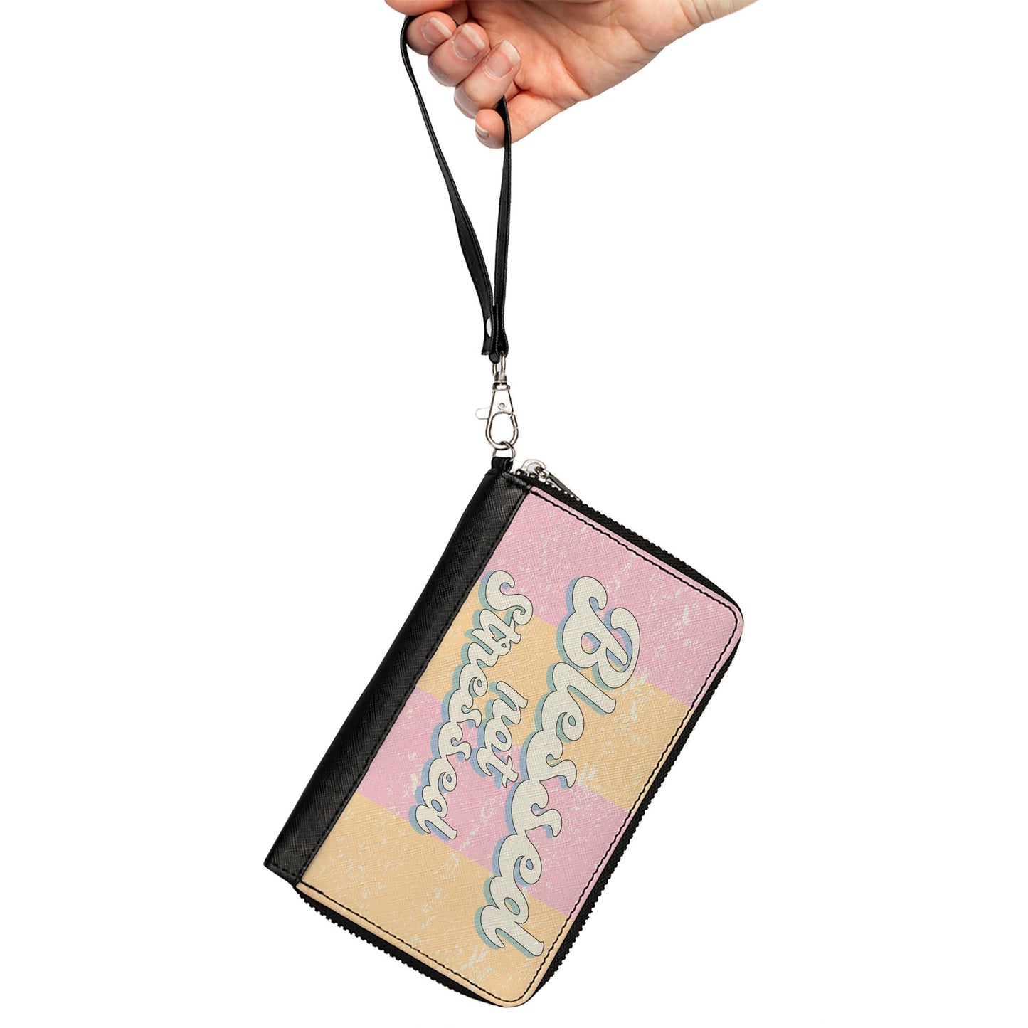 PU Zip Around Wallet Rectangle - BLESSED NOT STRESSED Quote Stripe Orange Pink White