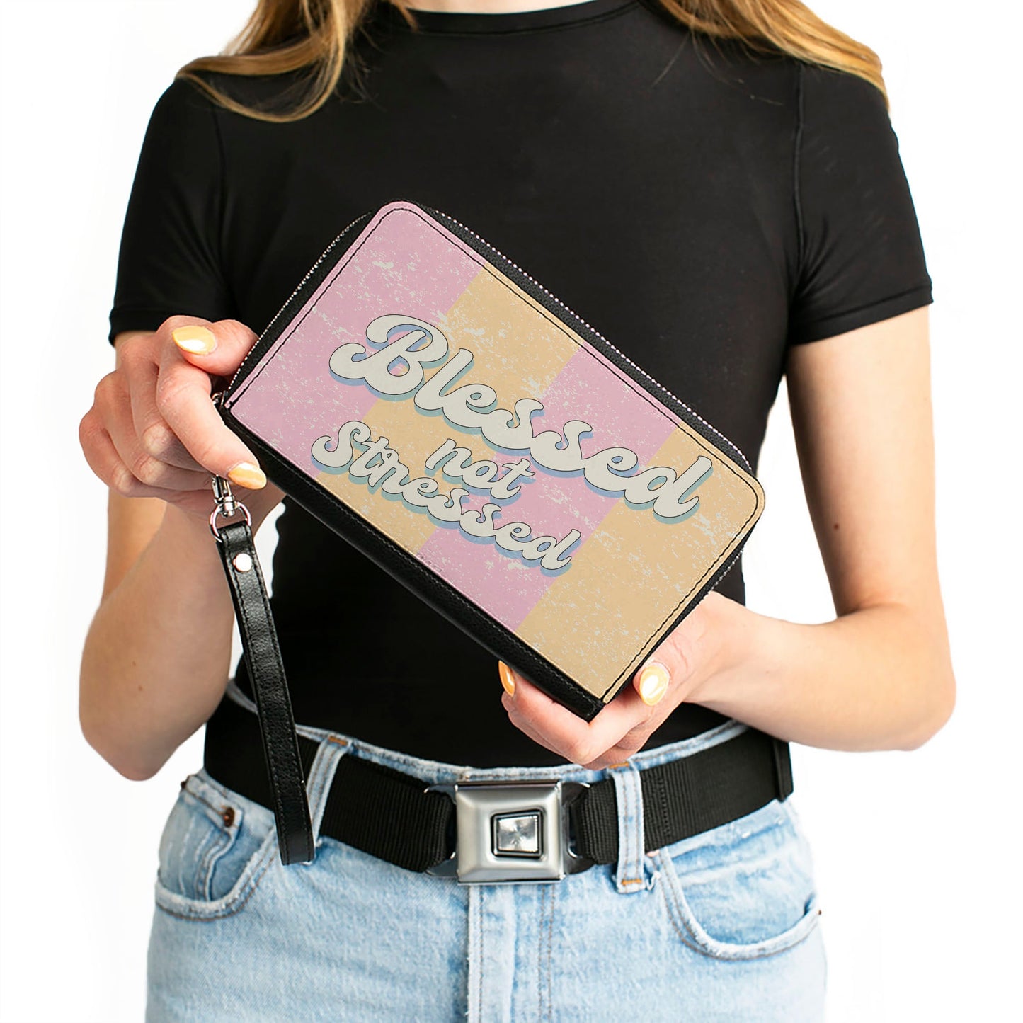 PU Zip Around Wallet Rectangle - BLESSED NOT STRESSED Quote Stripe Orange Pink White