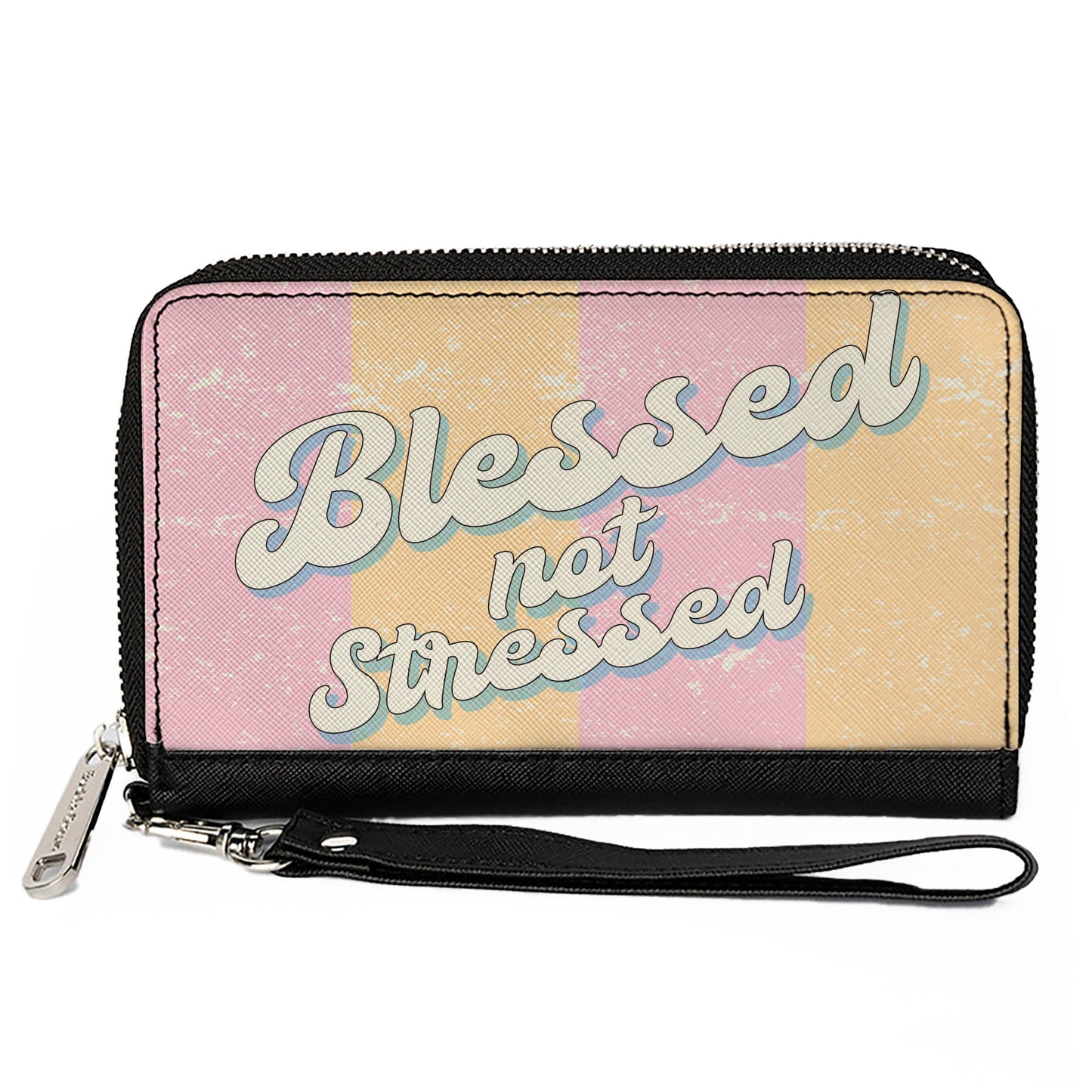 PU Zip Around Wallet Rectangle - BLESSED NOT STRESSED Quote Stripe Orange Pink White