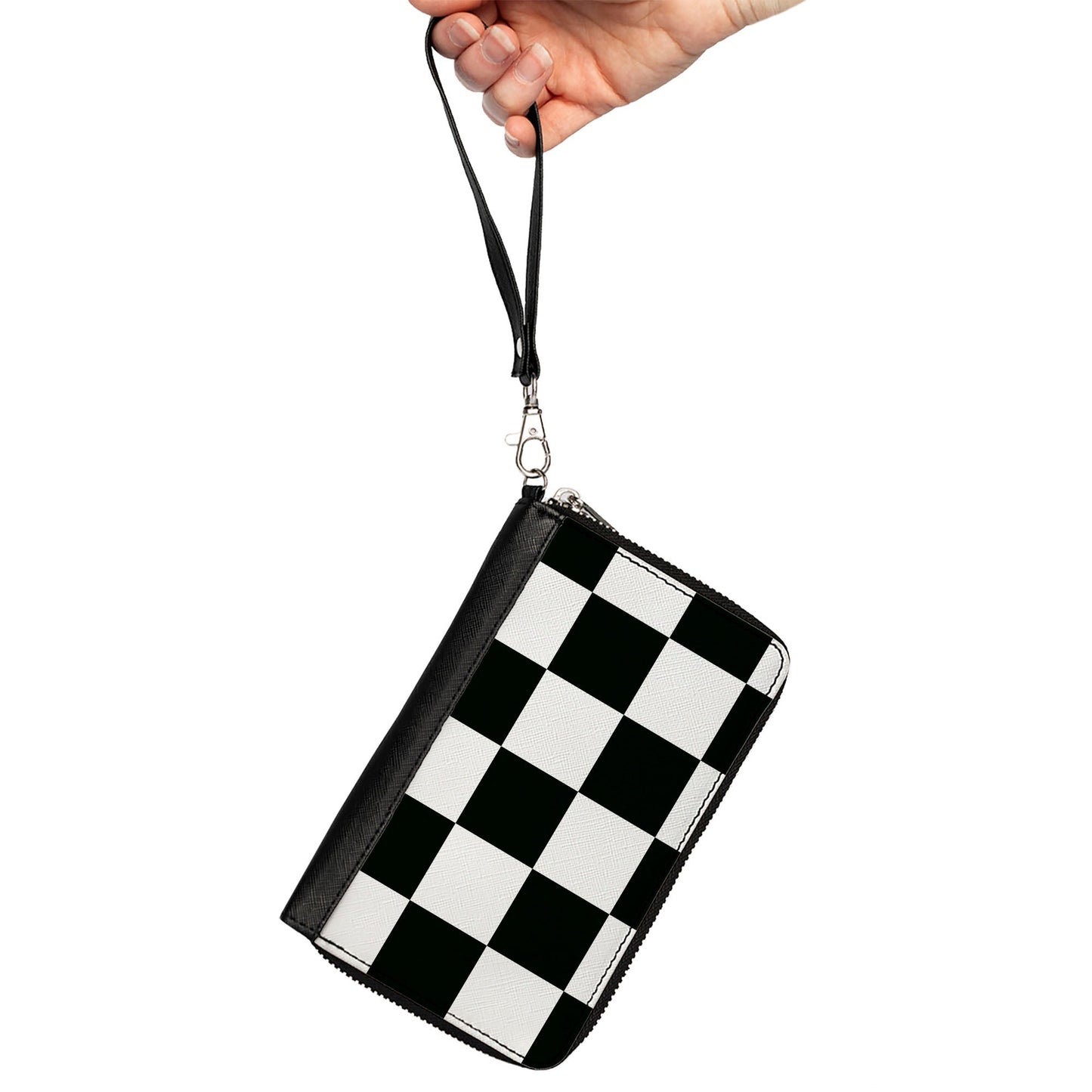 Women's PU Zip Around Wallet Rectangle - Checker CLOSE-UP Black White